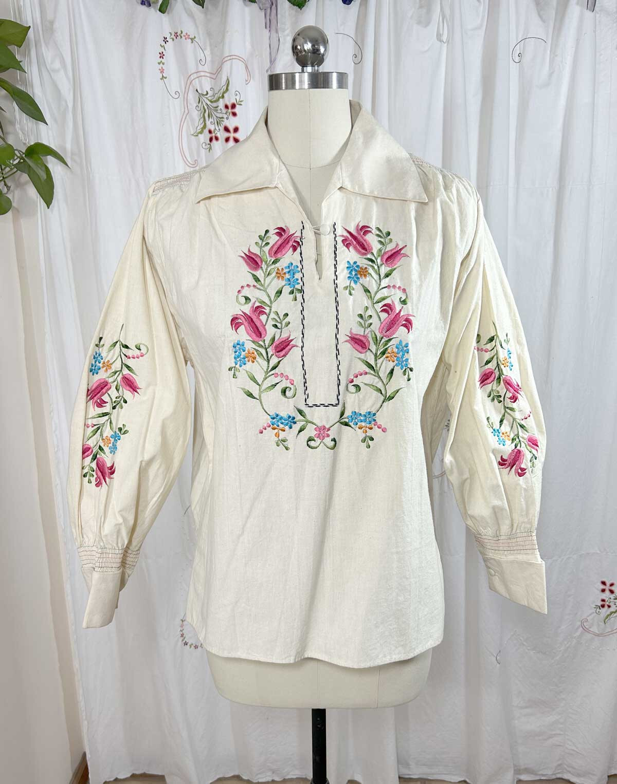 Vtg NOS Embroidered Peasant Blouse Mexican Hippy Top Smocked Cotton Muslin S/M