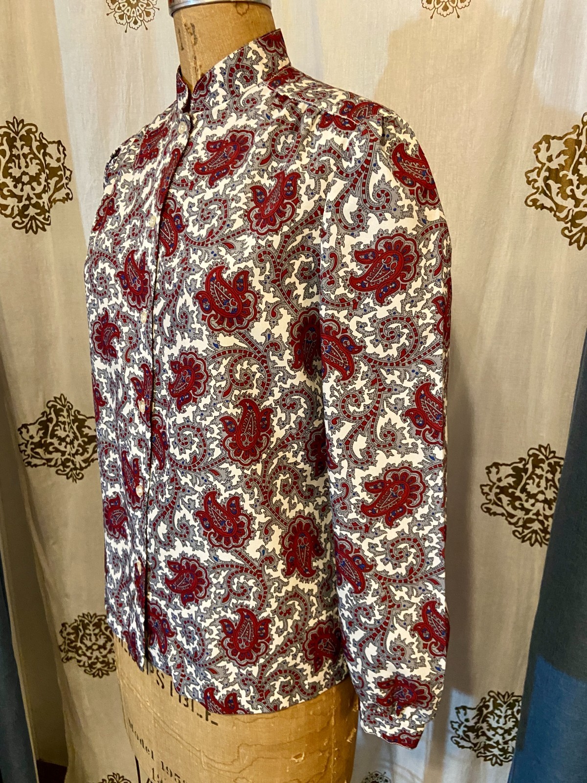 Vintage 60s 70s DEVON Gray Paisley Mod Polyester Shirt Blouse Top M Secretary