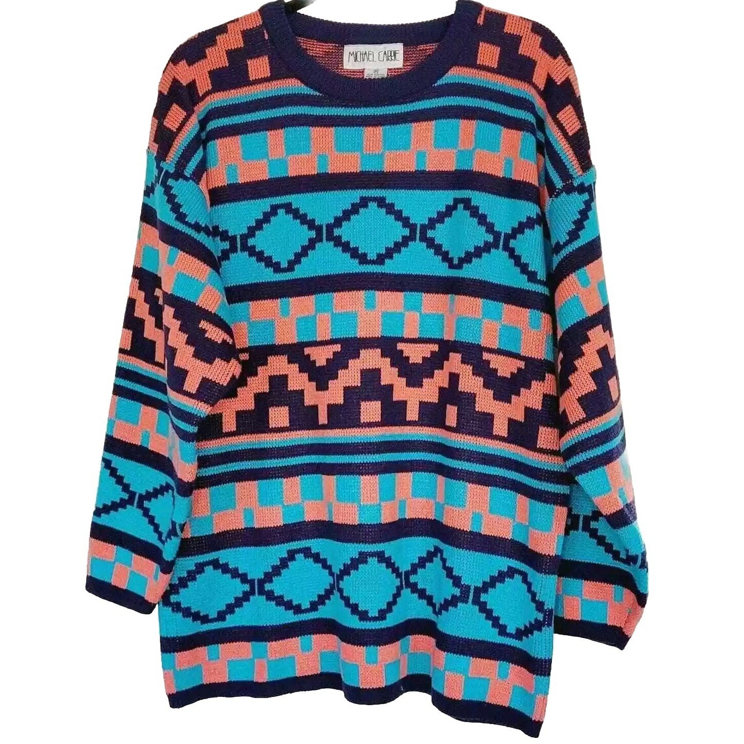 Michael Carrie VTG Retro 80s Eclectic Aztec Knit Oversized Tunic Sweater Sz M