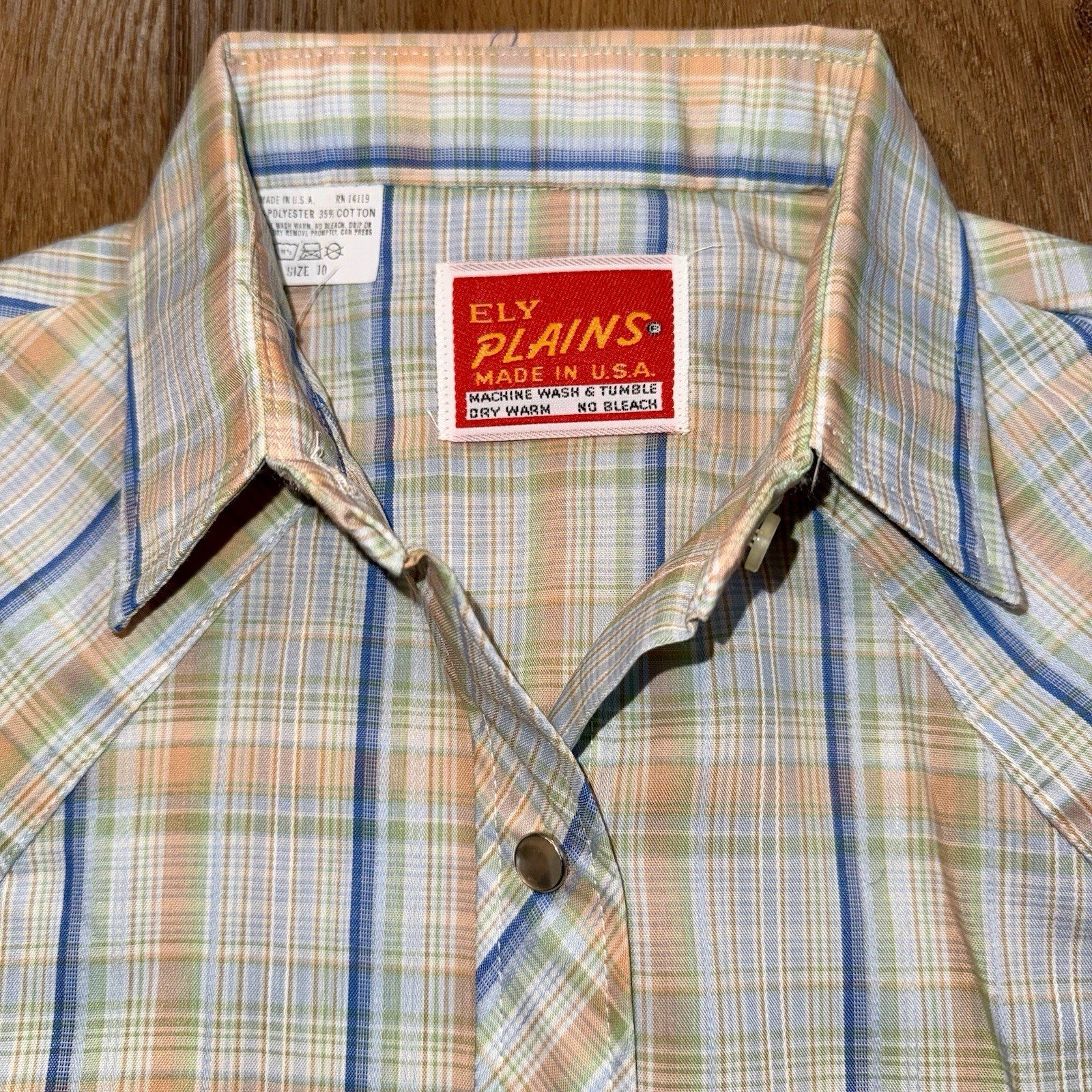 NOS Ely Plains Shirt Pearl Snap Plaid Vintage 70s Western Rockabilly Womens 10