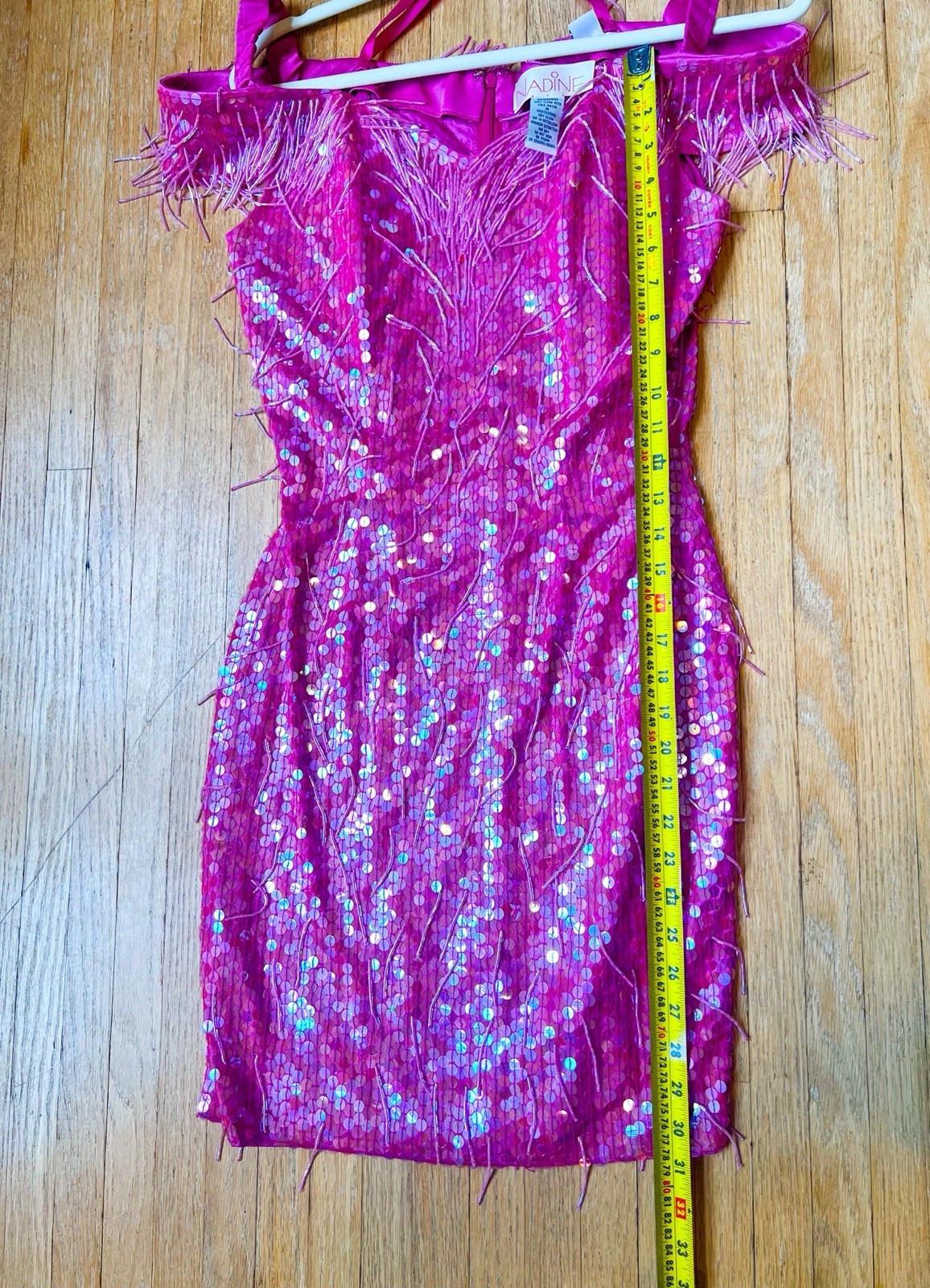 Vintage Nadine Bright Pink Sequins Beaded Fringe Off The Shoulder Dress