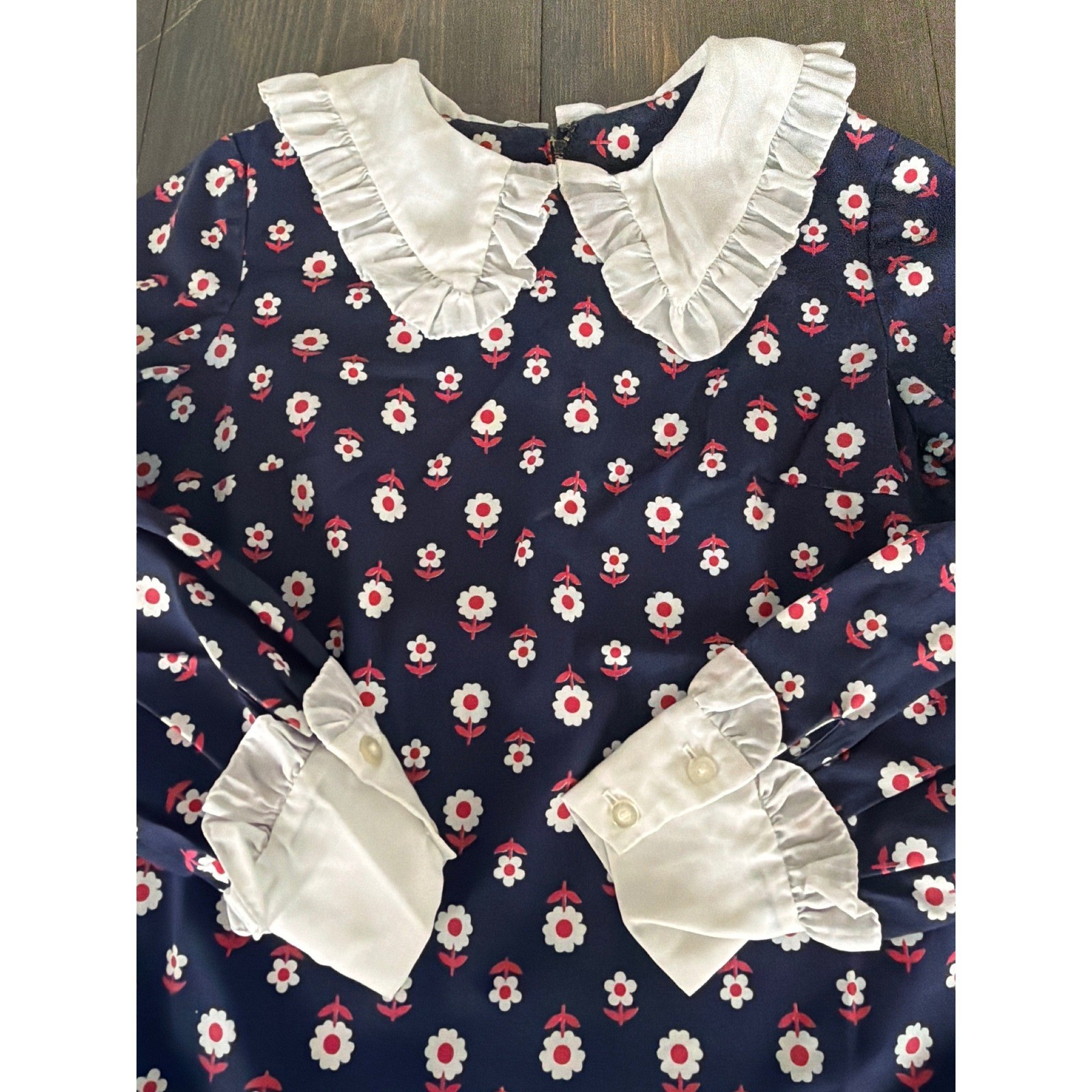 Vtg Sears Jr Bazaar Navy Floral Ruffled Peter Pan Collar Dress Women&rsquo;s Size 11