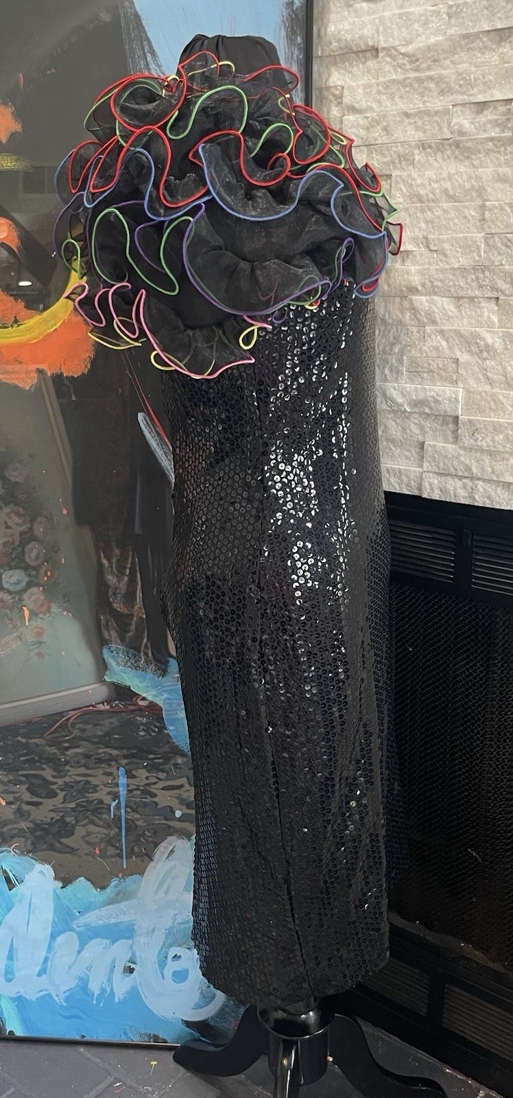 VTG 1980s Black Sequin Colorful Puff Sleeve By Cattiva Size 10 Dynasty