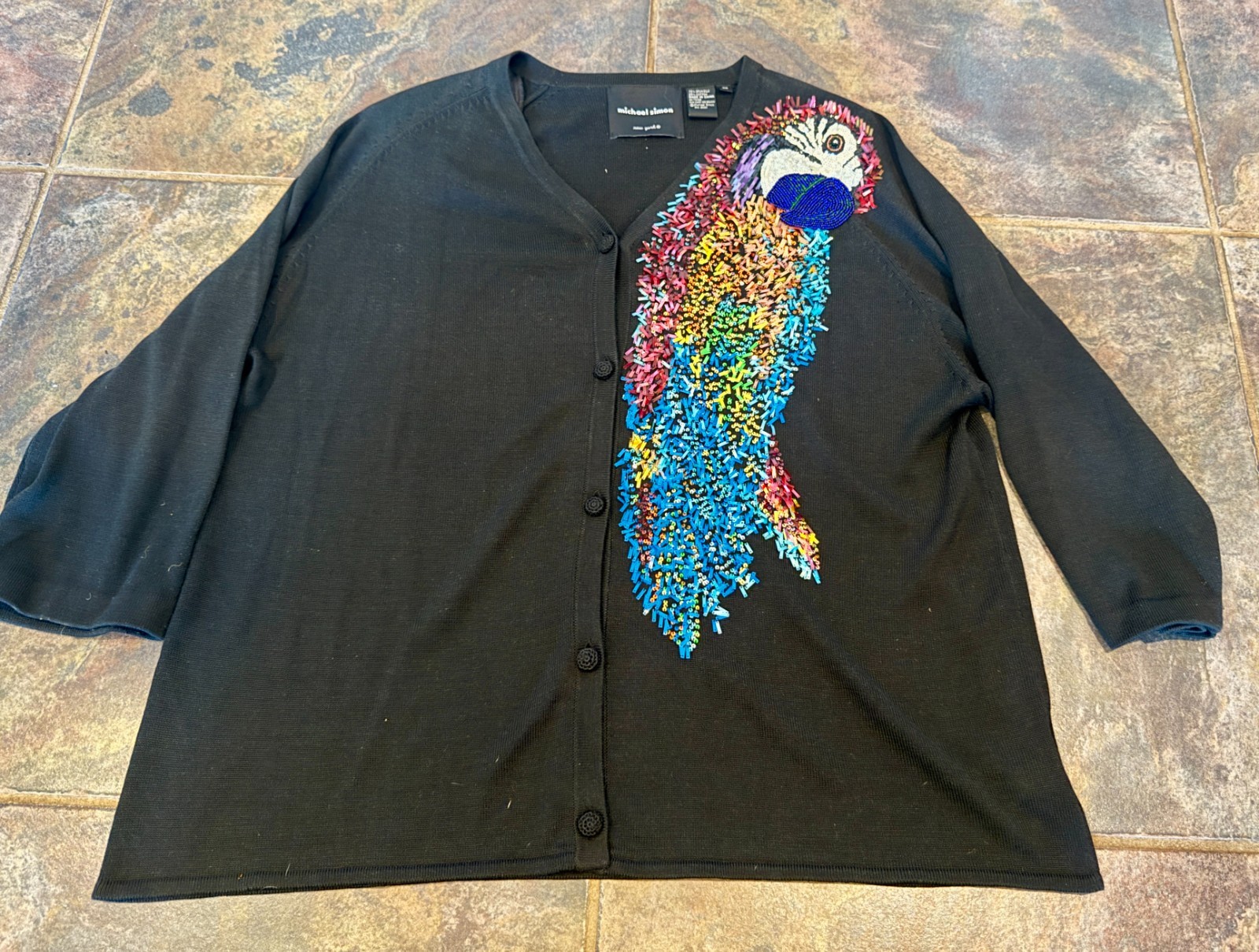 VTG 2001 Michael Simon New York Black Beaded Silk Cotton Parrot Cardigan Womens