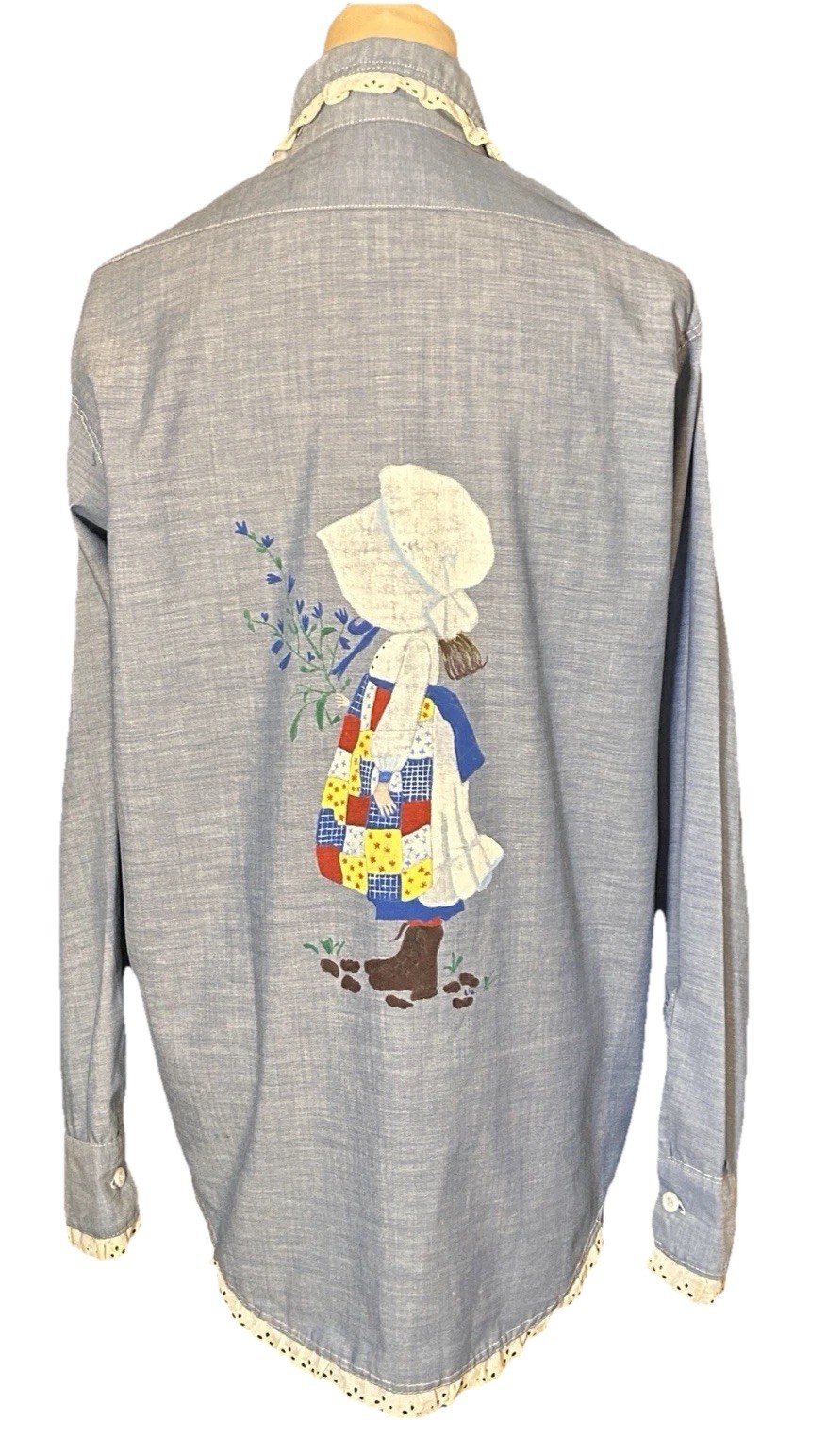 Vintage 70&rsquo;s Hand Painted Holly Hobbie Blue Chambray Shirt White Eyelet Trim