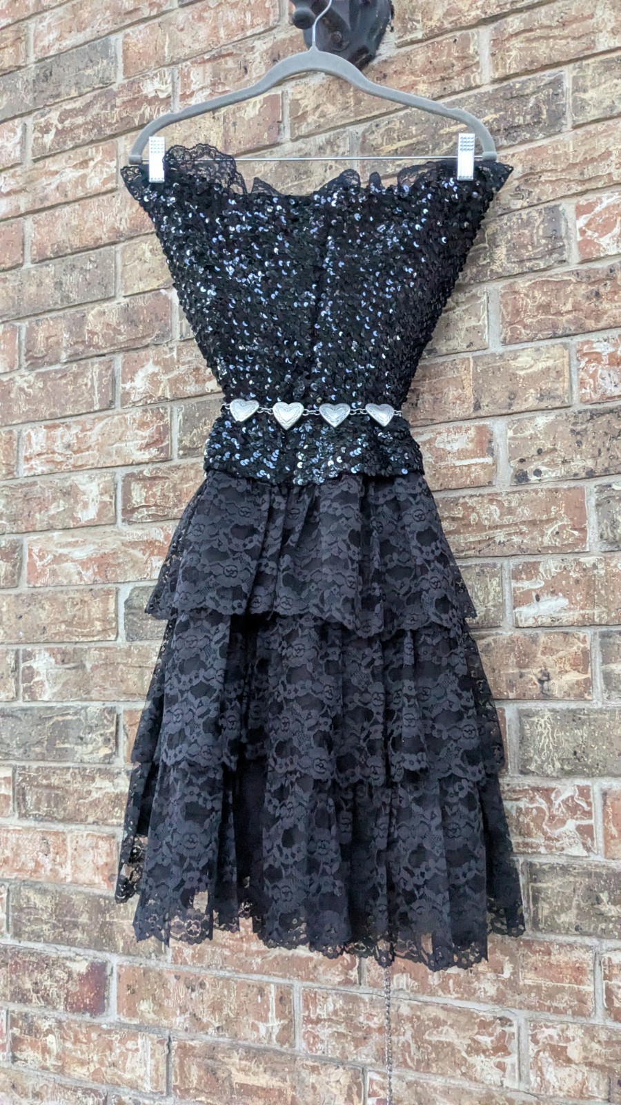 Vintage Flirtations 80s One Size S/M Sequin+Layered Lace Cocktail Party Dress