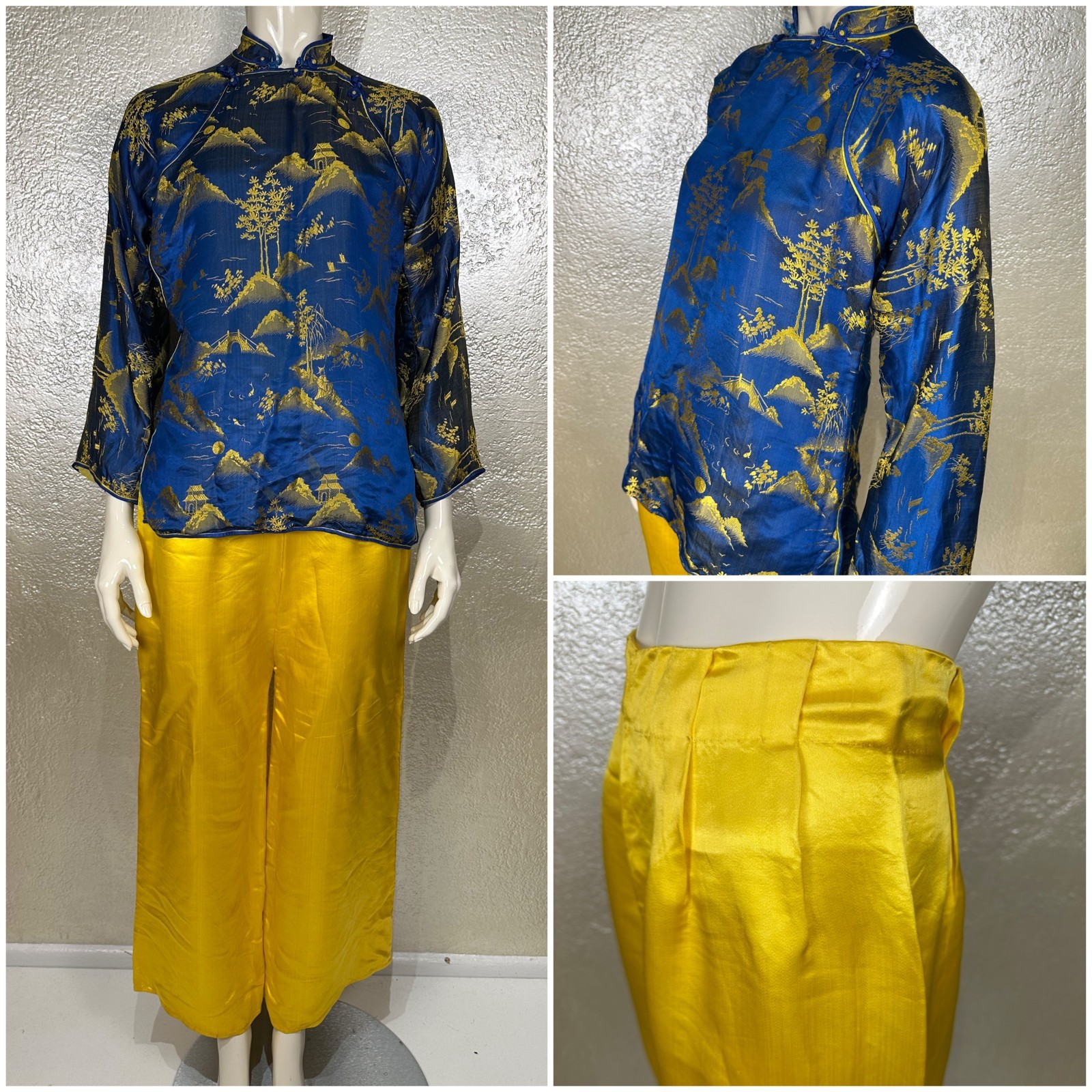 Vintage 1960&rsquo;s Blue & Yellow Silk Top & Pants Kimono Lounge Set Vietnam
