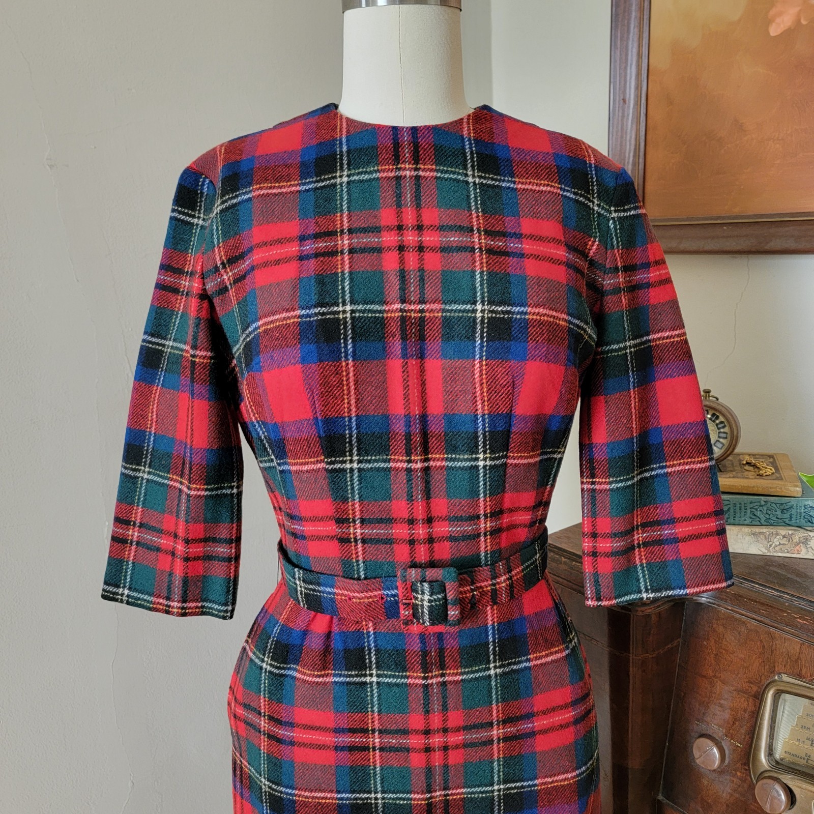 Vintage Pendleton Wool Red Plaid Wiggle Belted Dress 1950s 1960s Small USA
