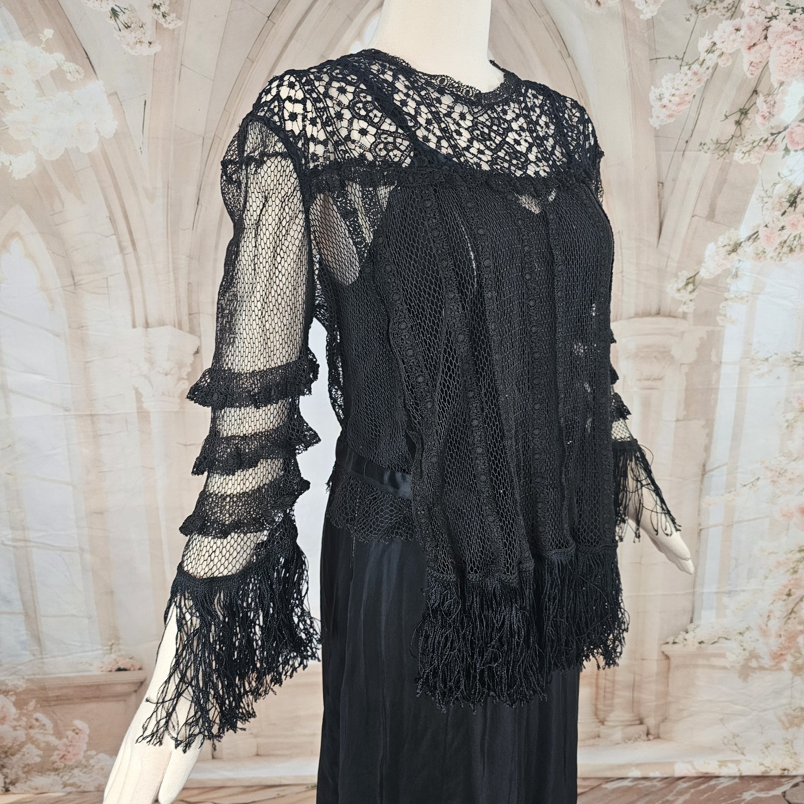 Black Crochet Lace Blouse Fringe Tassels Antique Victorian Edwardian Top Shirt