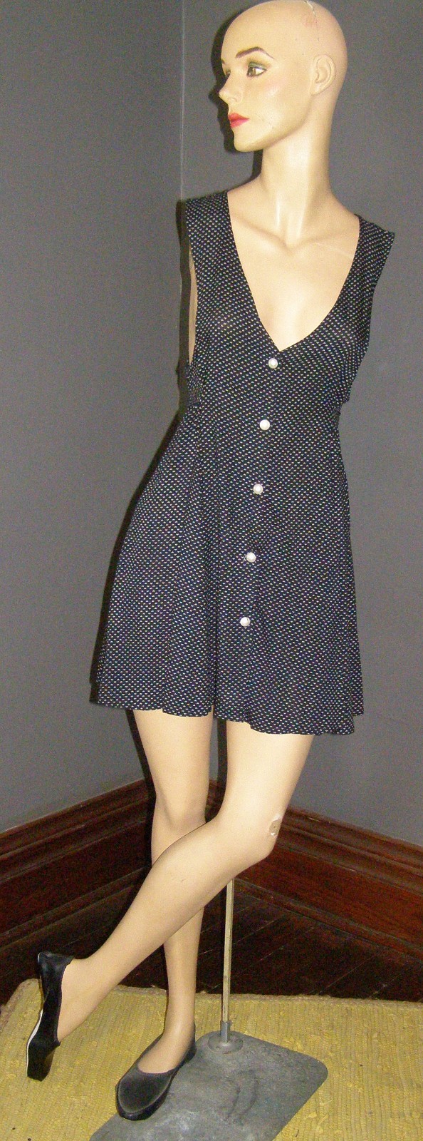 Vintage 90&rsquo;s black pearl button up MINI DRESS S M tie back waist V-neck GRUNGE