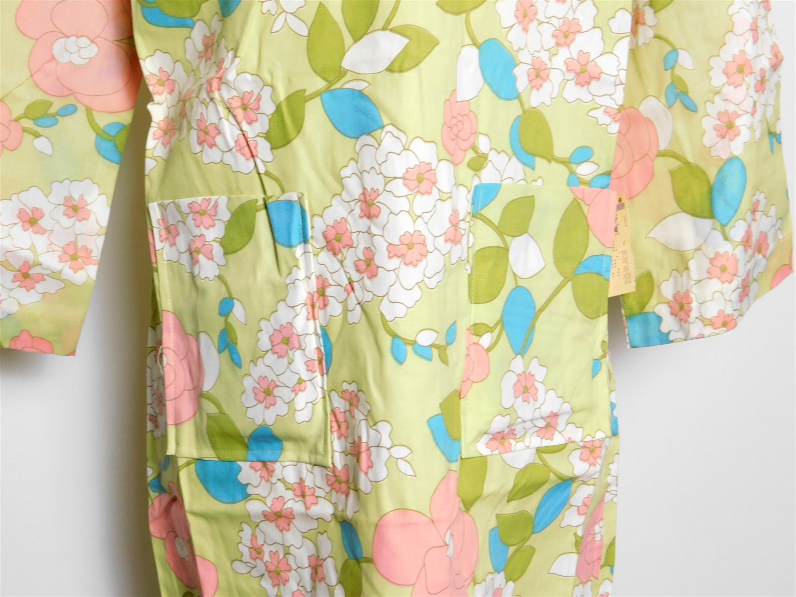 NWT Vintage Women&rsquo;s 1960s Celadon Green Floral Cotton Blend Shift Dress 15/16