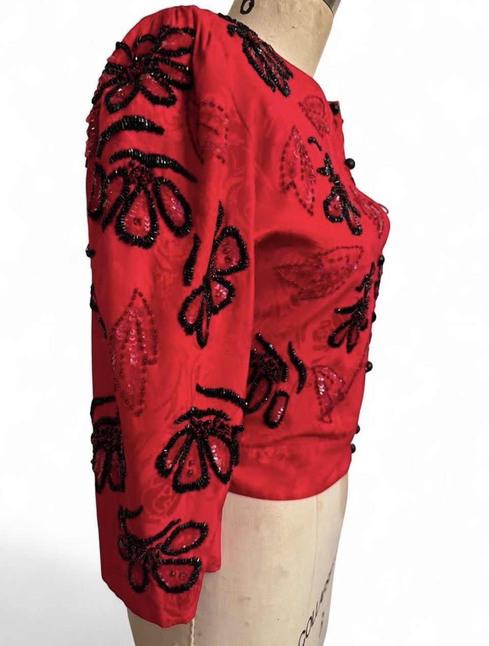 Vintage Red silk puff sleeve Beaded sequin Button down floral bolero jacket coat