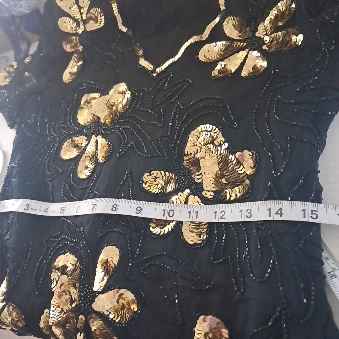 Vintage Stenay Silk Sequin Beaded Top Small Floral Black Gold Regency Goth Event