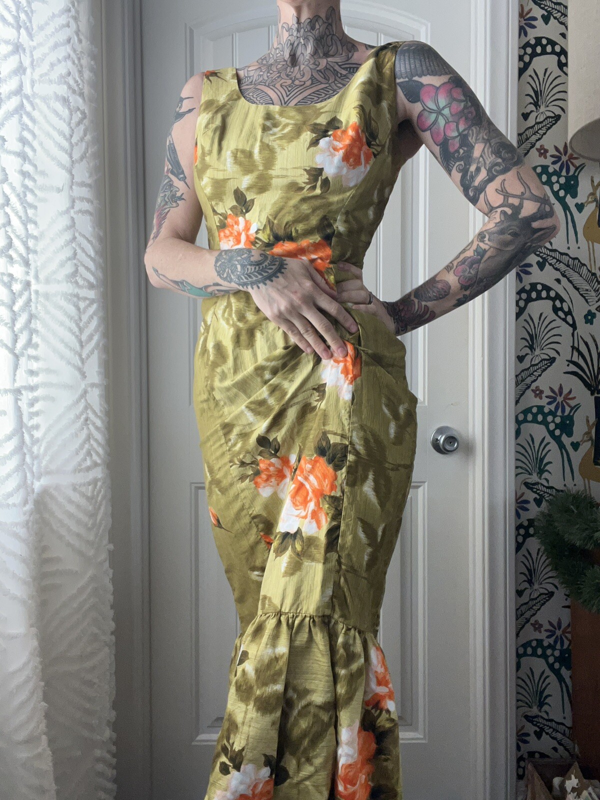 Vintage 1960s Robins Hawaii Hawaiian Floral Maxi Dress Mermaid Hem Tropical S/M