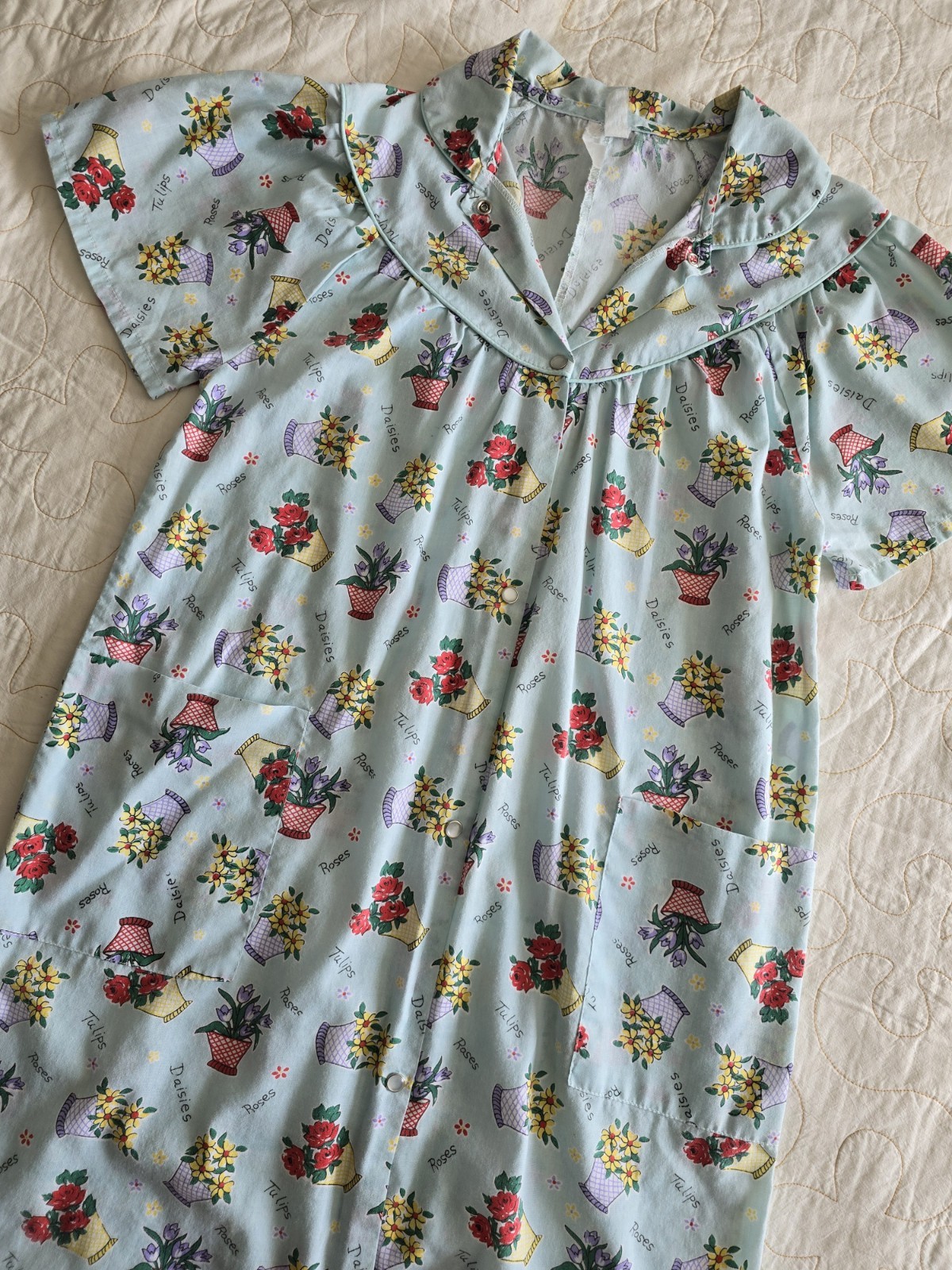 Vintage MuuMuu House Dress 80s Womens Medium Novelty Print Floral Gardening