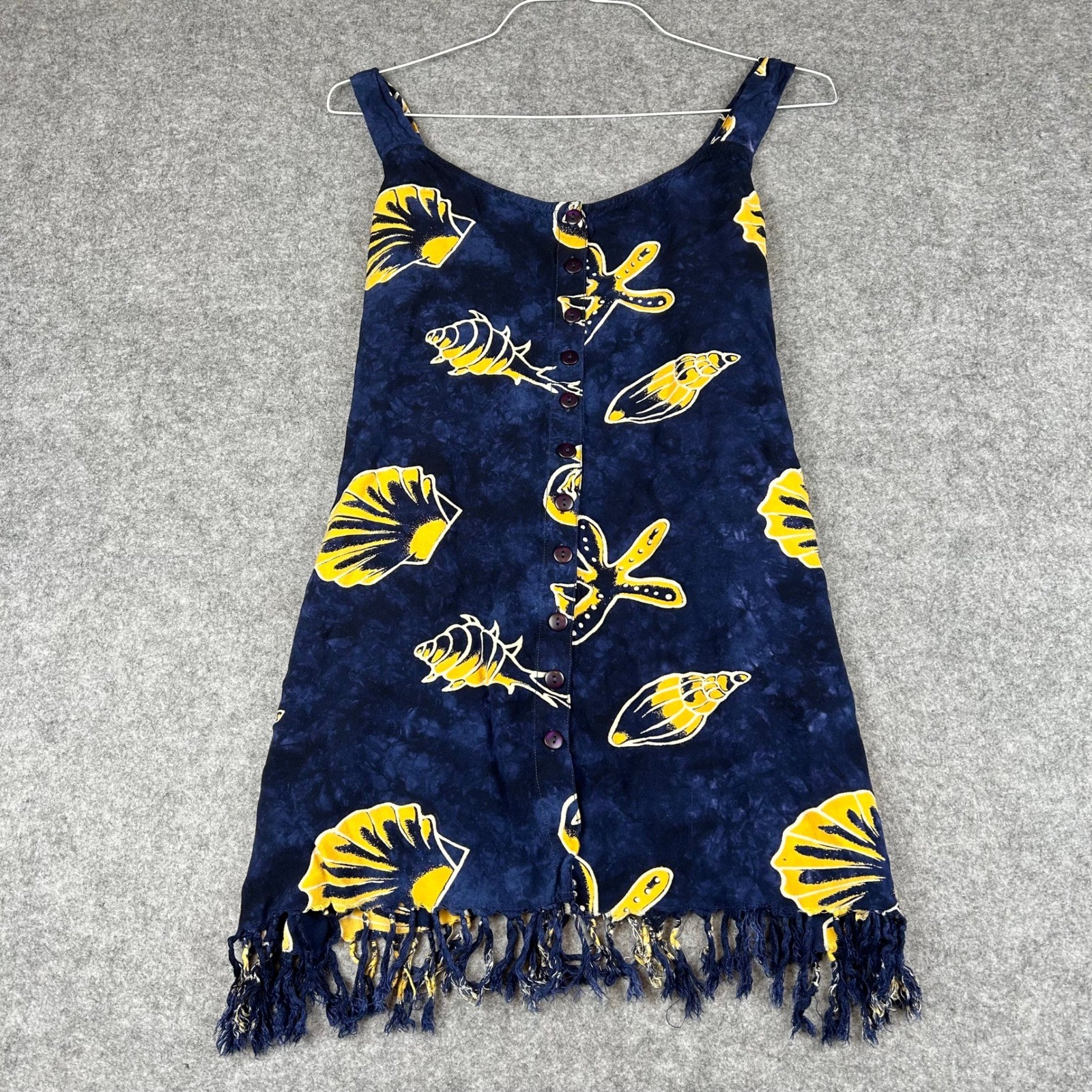 EUC VTG 24 Karat Navy Blue Shell Coastal Beach Batik Fringed Rayon Mini Dress OS