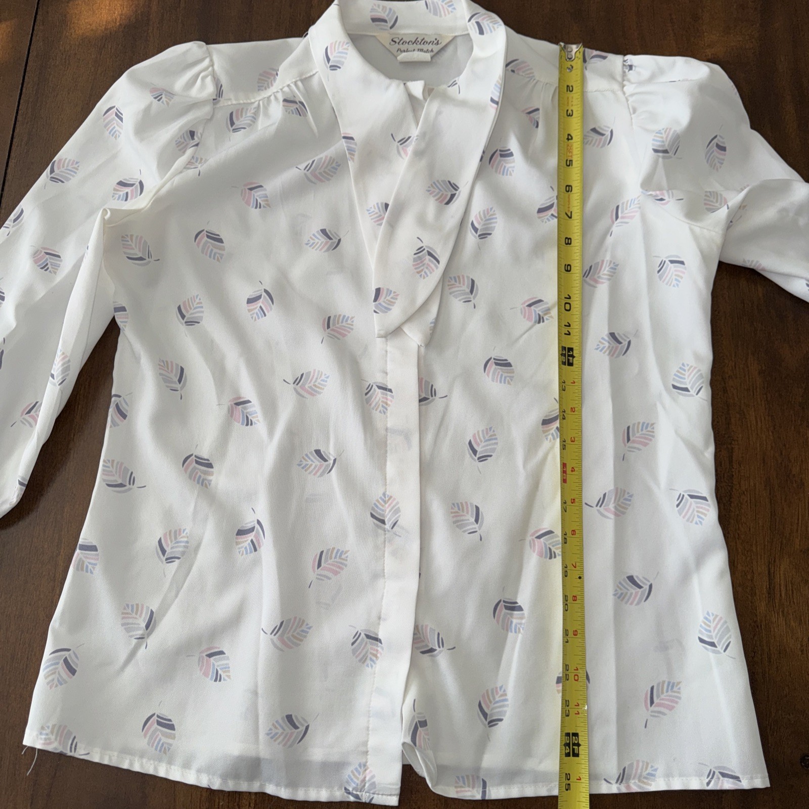 Vintage 80s Stocktons white pastel leaf printed blouse shirt pussybow tie sz 14