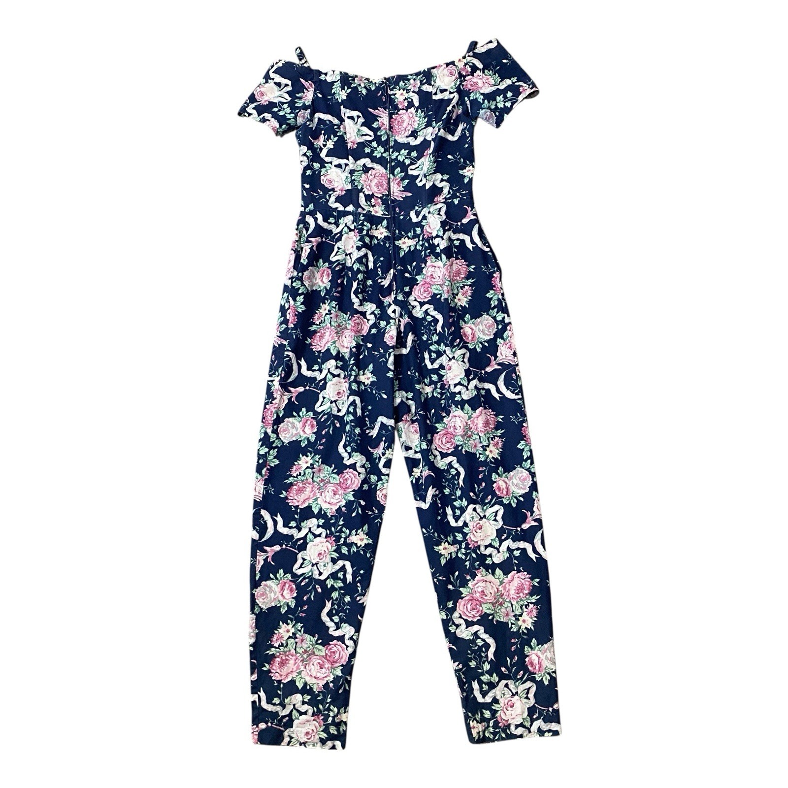 VINTAGE BENSON & SMITH Floral Off Shoulder Jumpsuit Size Small Petite 80s 90s