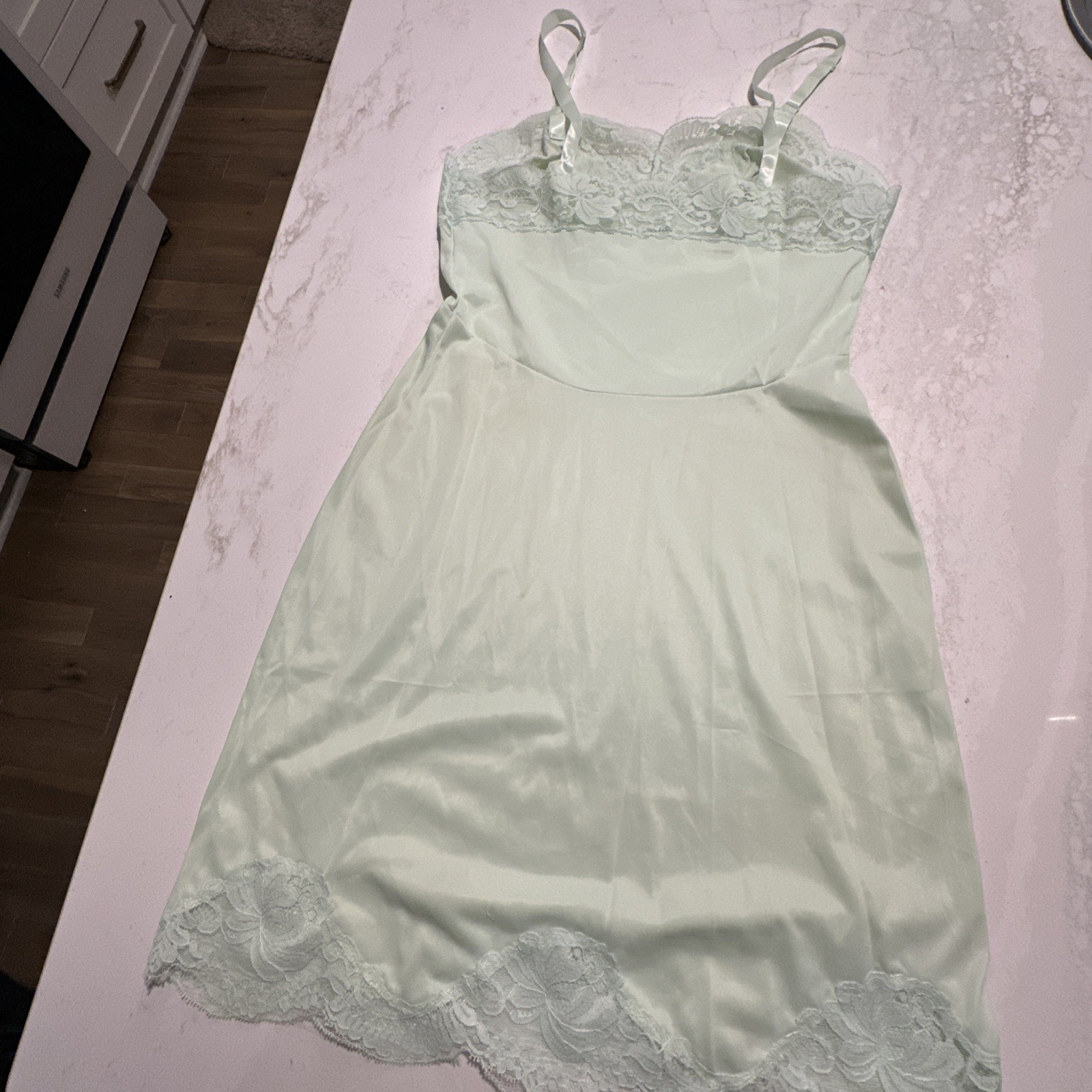 Vintage 70s Sears slip polyester negligee SZ 32 S Lt green Lace Adj Straps