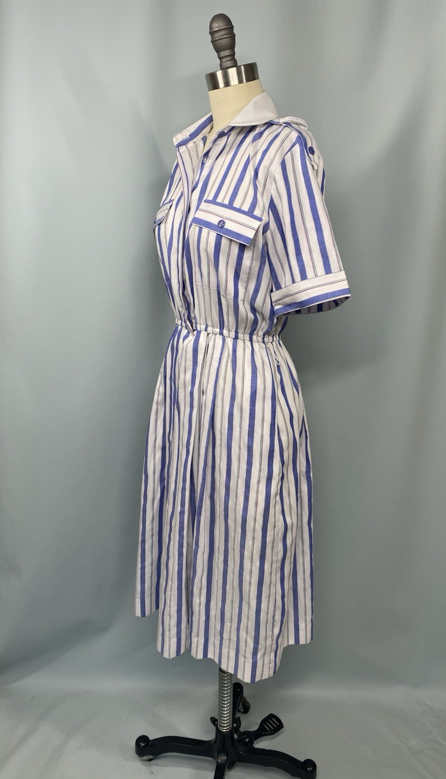 Vintage Dress SIZE XS 4 PETITE blue white classic stripe SCHRADER SPORT 70s 80s