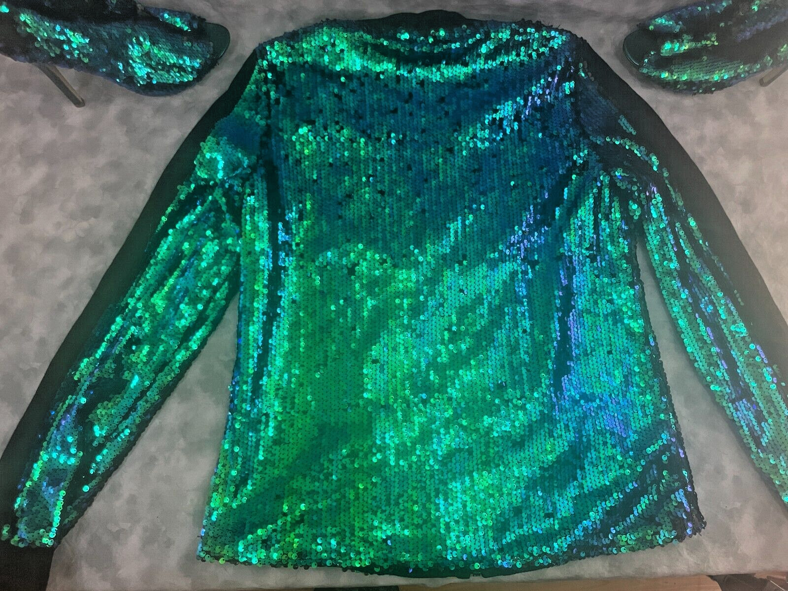 2010s Vtg Mermaid Sequin Bomber Jacket & Boots « RARE SET » Blue Green Glam ✨🔥