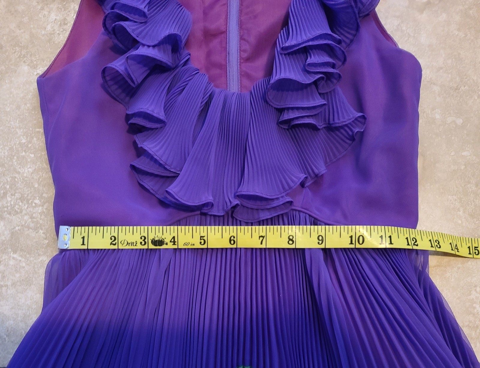 VTG Chiffon Pleated Rainbow Stripe Purple Maxi Dress Ruffle Collar V Neck UV Glo