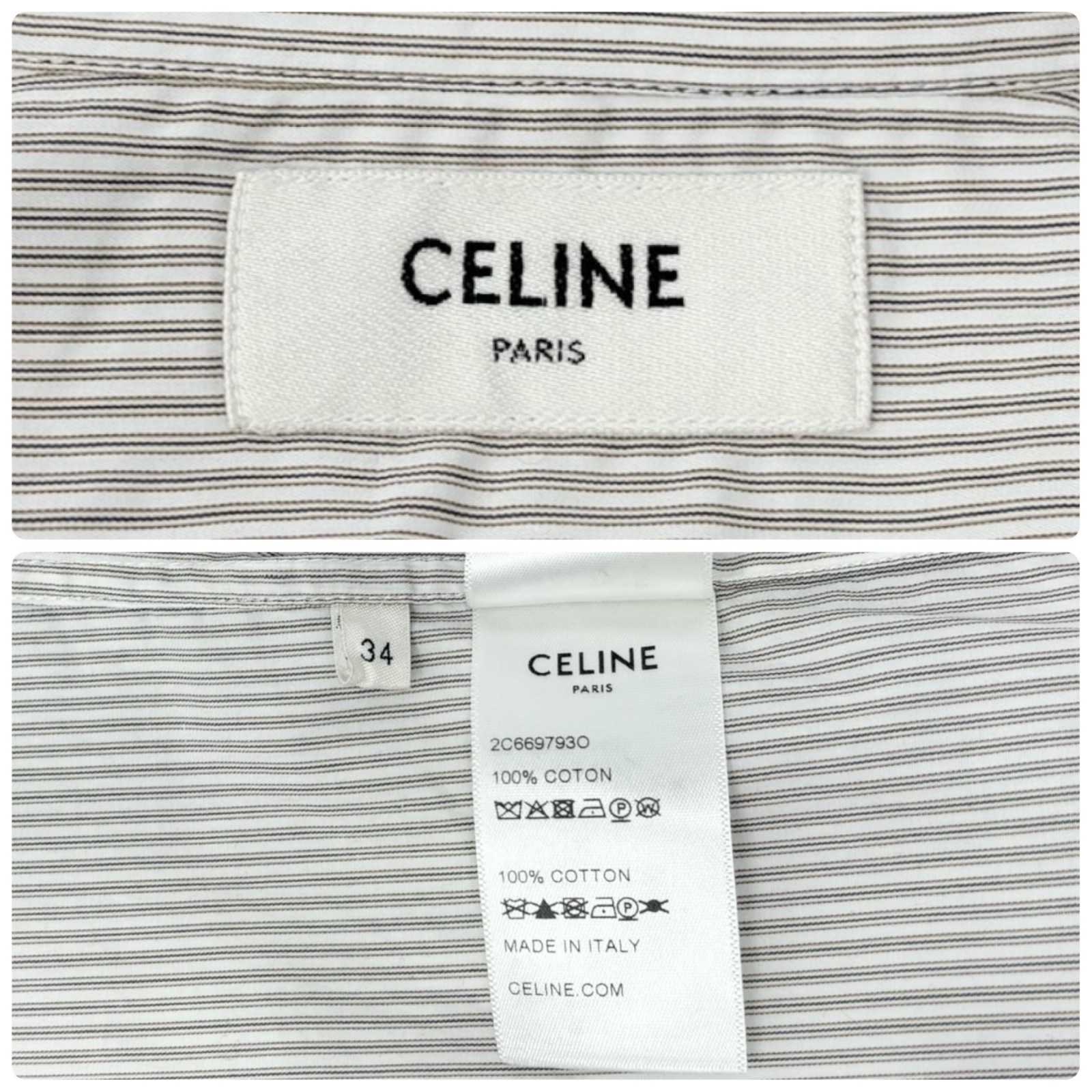 CELINE Triomphe Logo Stripe Button Up Shirt Long Sleeve #34 Brown White 901967