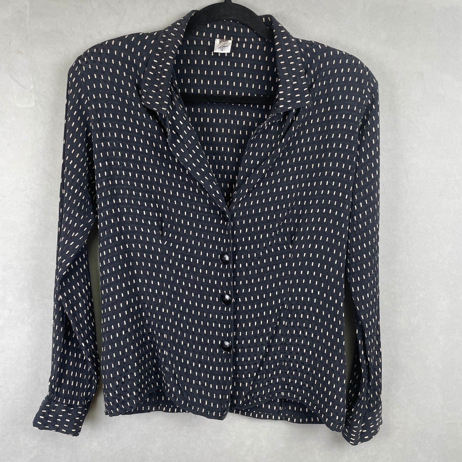 VTG Anne Klein Black Cream Dashed Geometric Texture Power Blouse Shoulder Pads 6