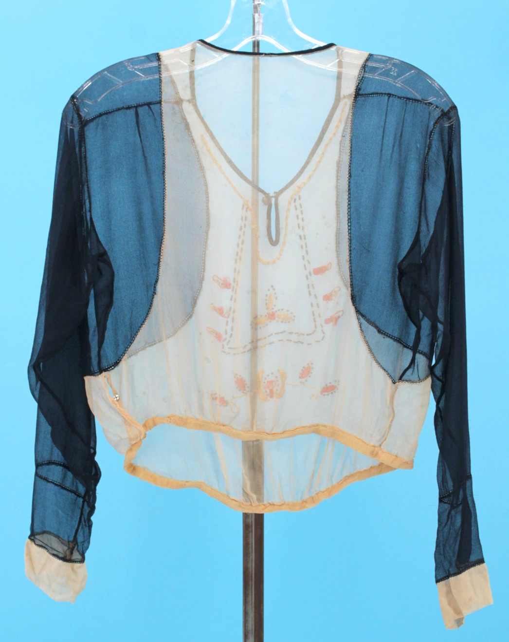 VTG Women&rsquo;s 20s Navy & Cream Sheer Embroidered & Beaded Blouse / Top S/M 1920s