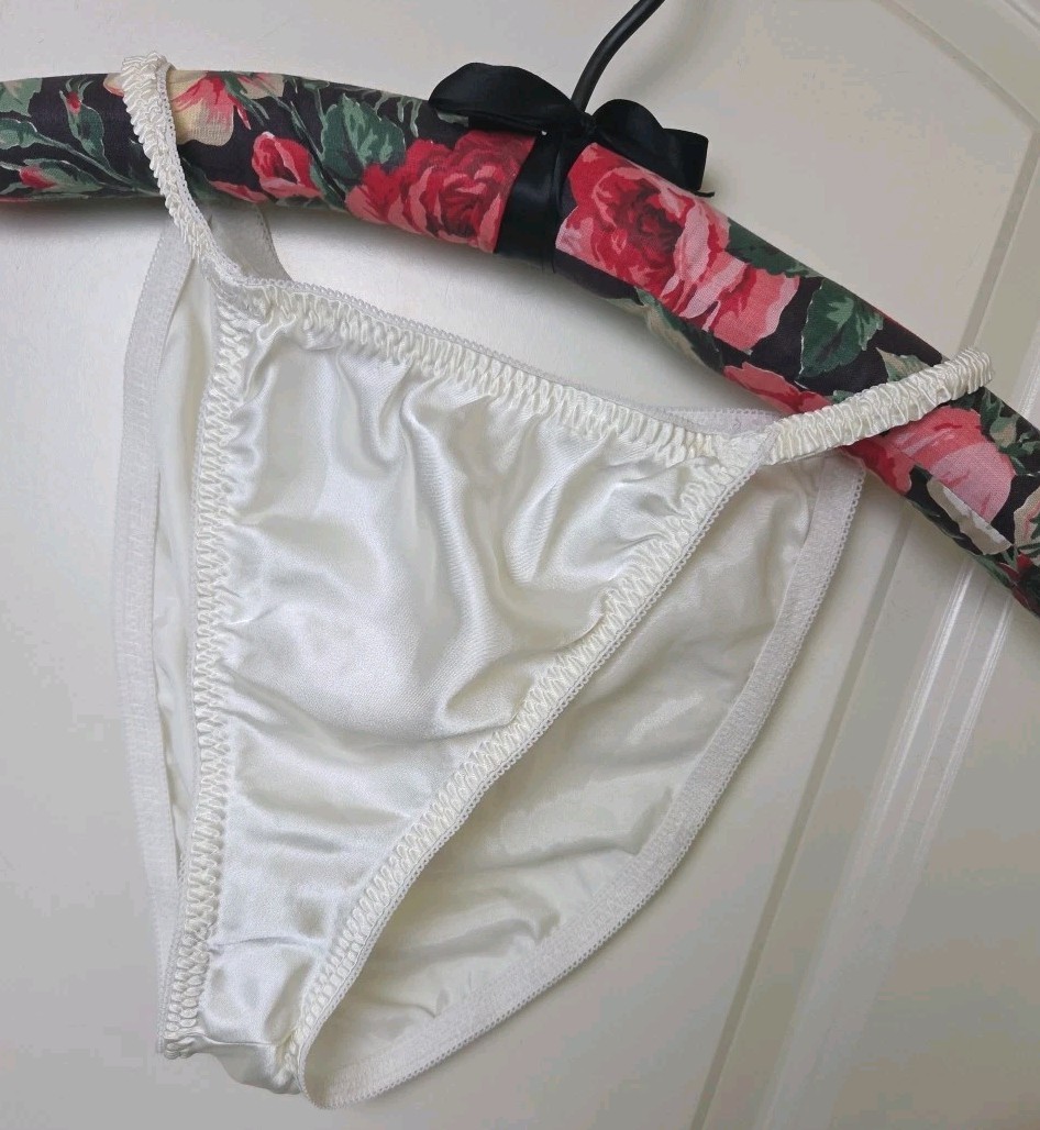 Vintage 90s Shiny Satin String Bikini Panties Ivory California Dynasty 1X Plus
