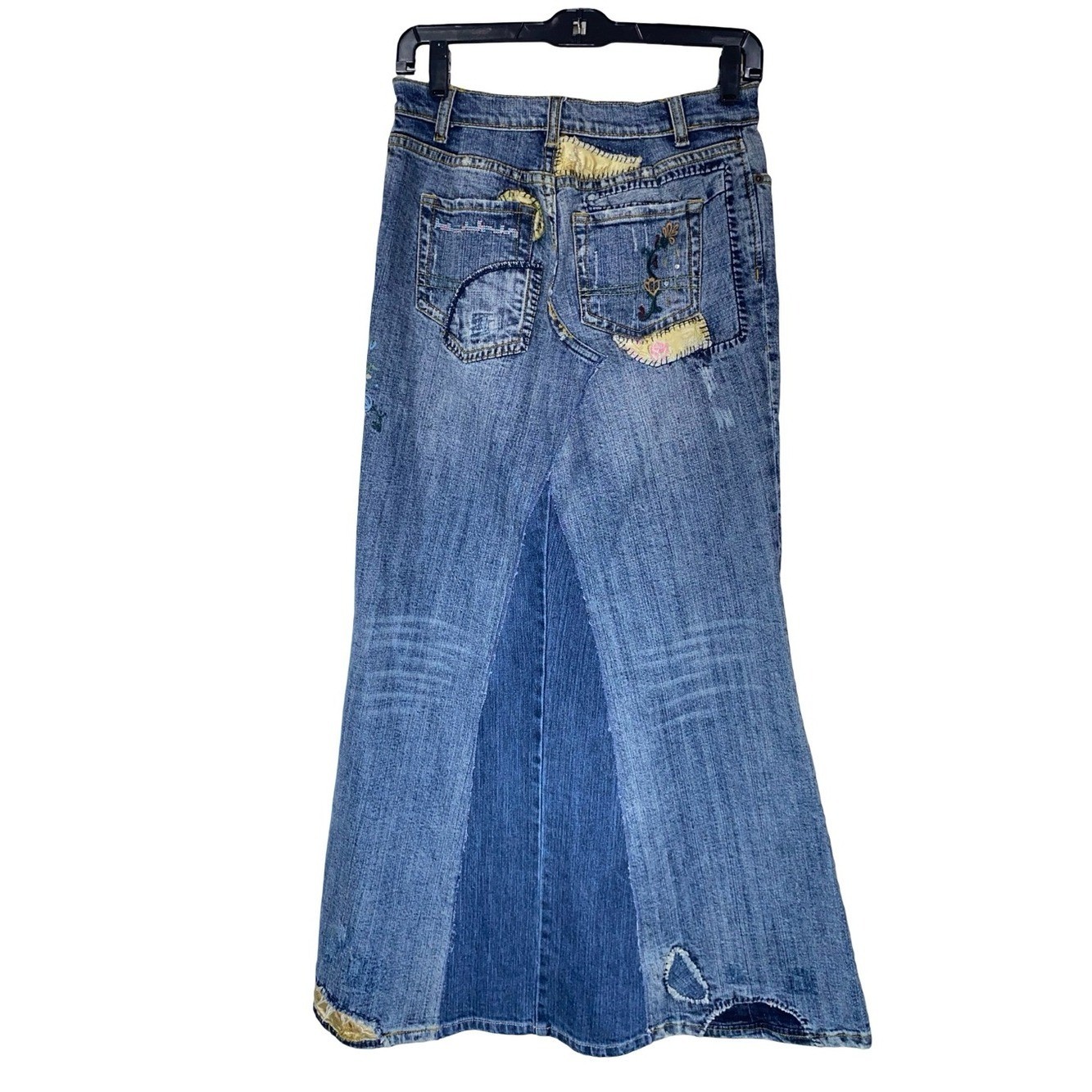 Vintage 7 For All Mankind Denim Patchwork Maxi Skirt Embroidered Y2K Boho