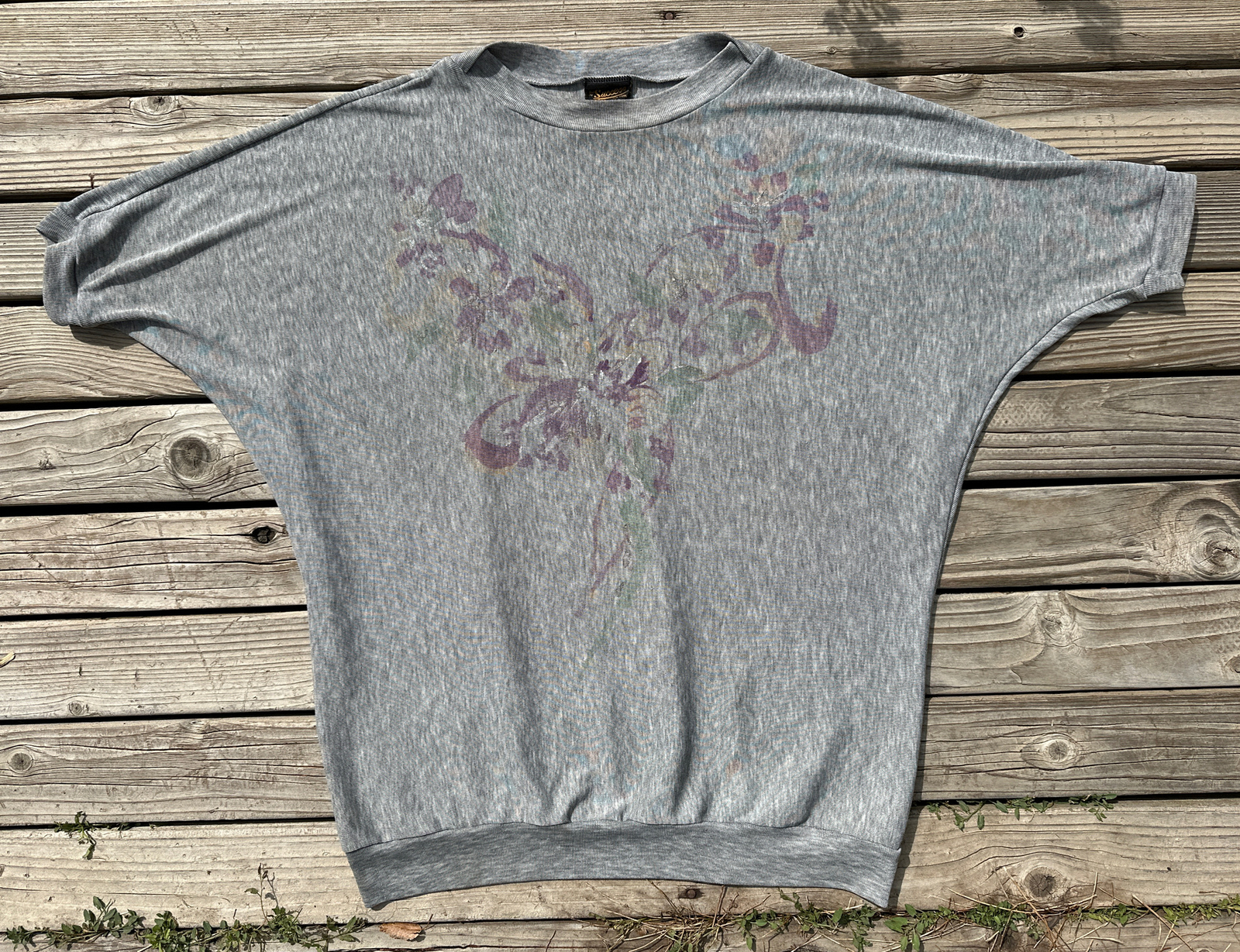VTG 80s Pullover Lightweight Shirt Gray XL Painted Flowers T-Shirt Sweatshirt