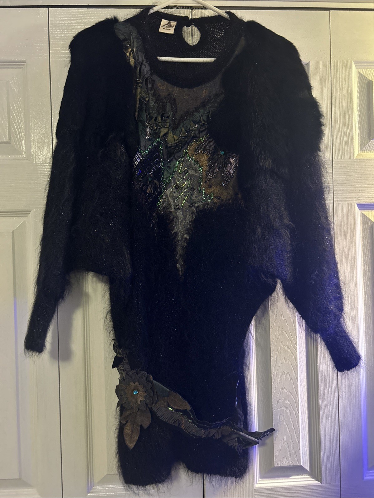 Vintage Al Jeaidi 80s Black Long Sweater Small Rabbit Fur Belt Art To Wear