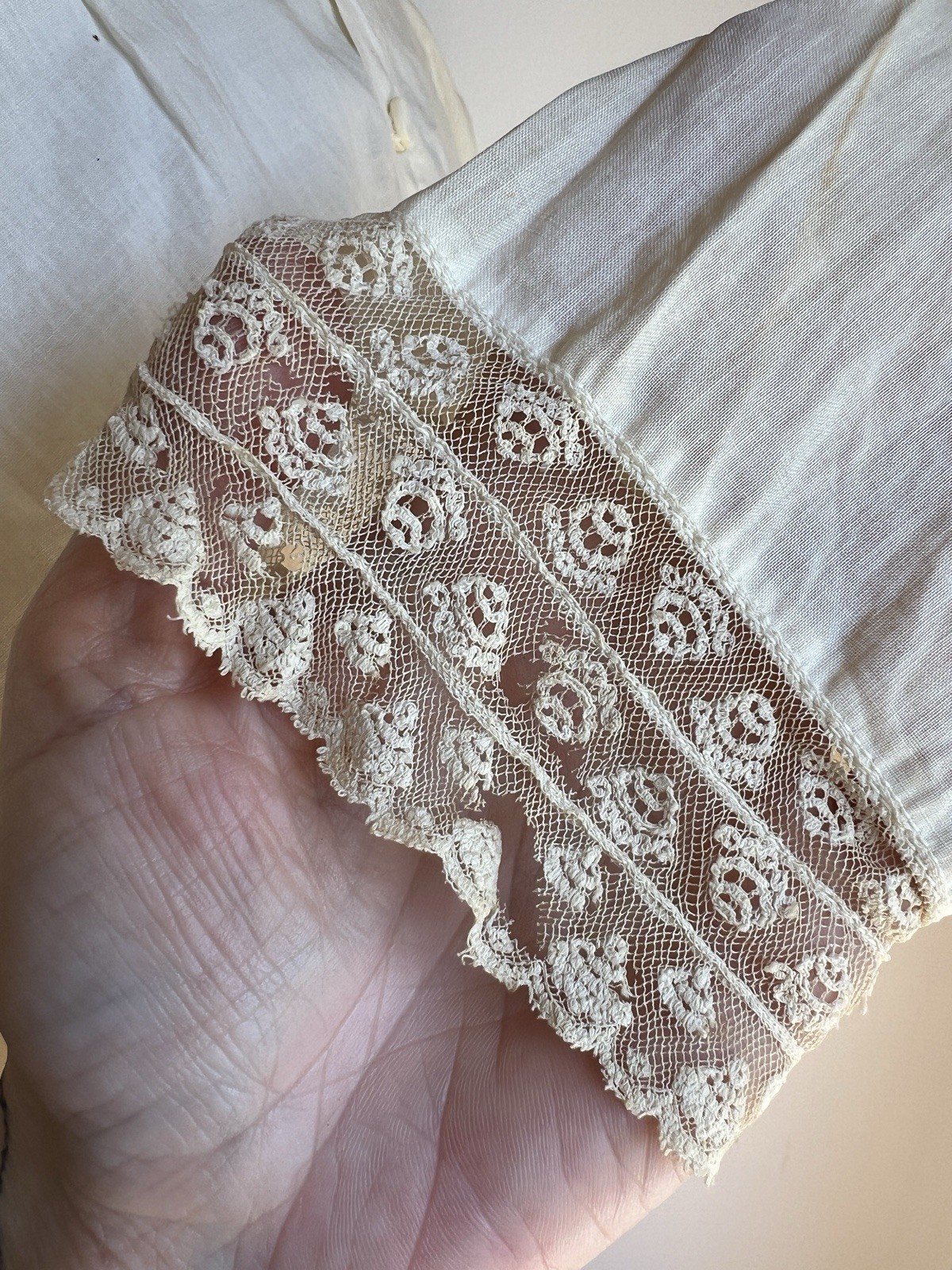 Antique Cotton Blouse Top Off White Hand Embroidered Lace Edwardian Button Back