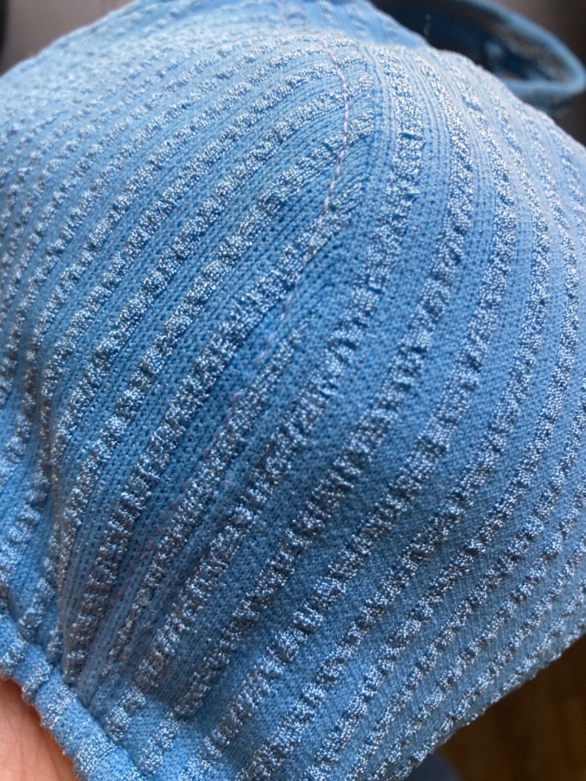 Vintage Sz 14 1960-70s Sky Blue Two Piece Bikini Set Knit Seersucker Stripe Mod