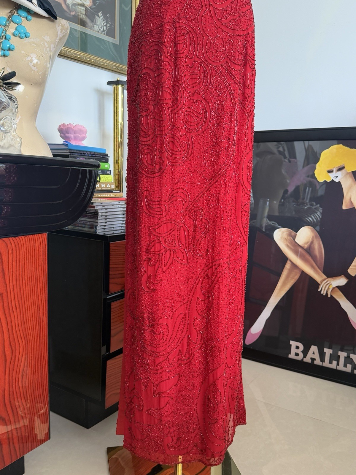 Vintage Cache Red Fully Beaded Evening Gown Deadstock NWT Size M