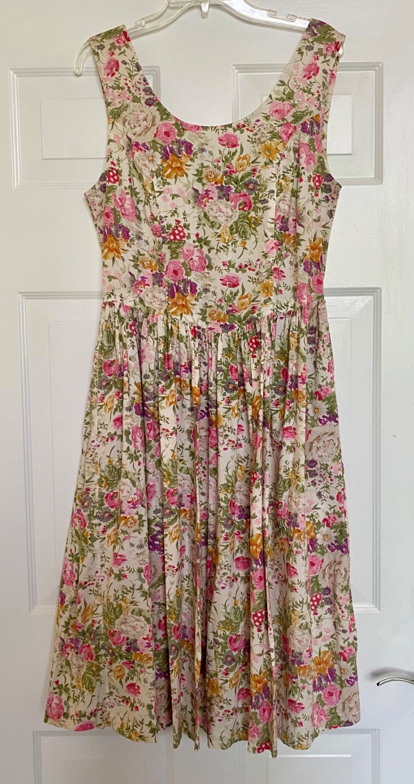 Vintage 80s 90s Cotton Floral Dress M Cottagecore Drop Waist Pockets Sleeveless