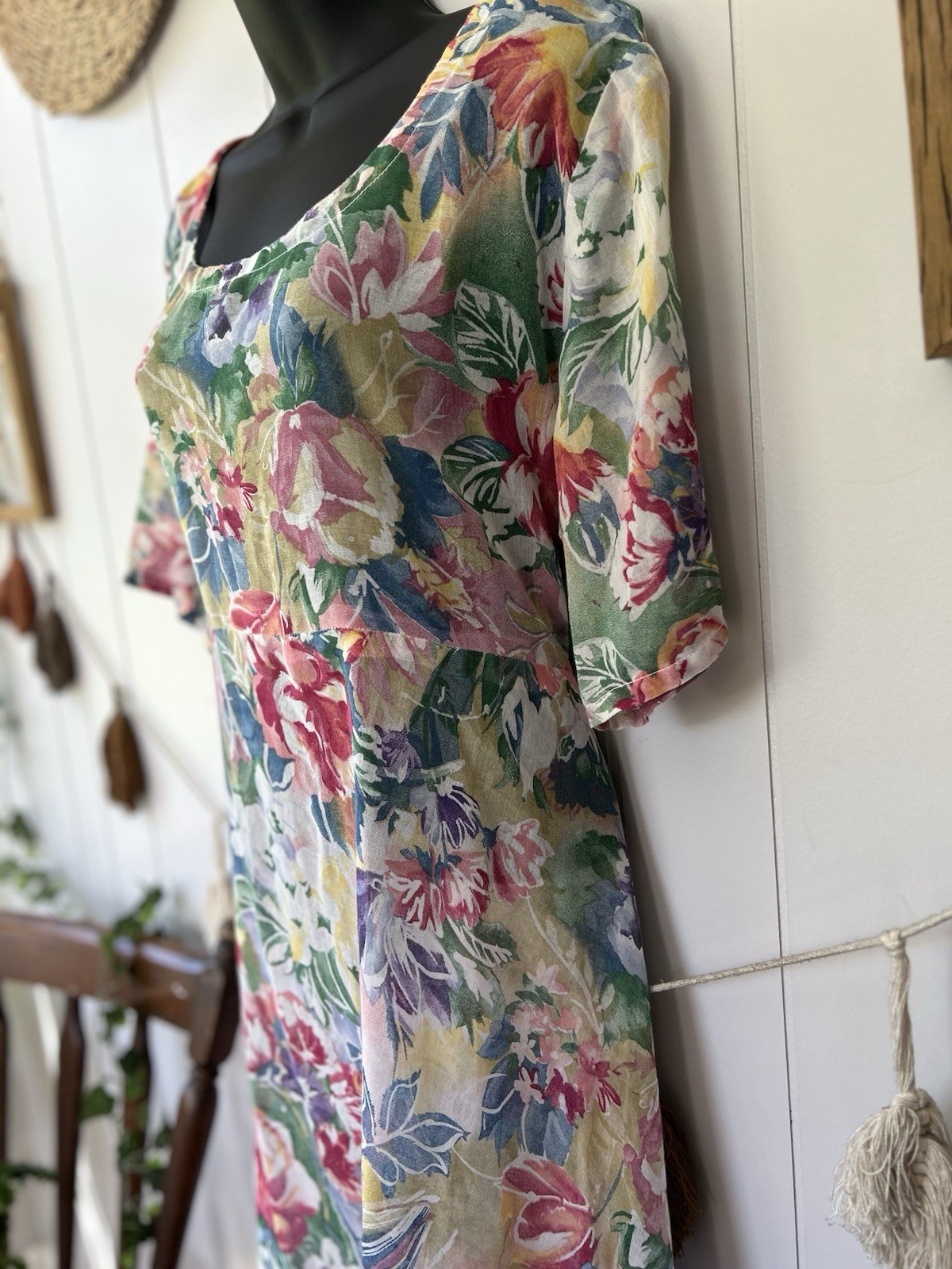 Vintage 90s Watercolor Floral Maxi Dress Sheer Chiffon Kimono Sleeve Boho M L