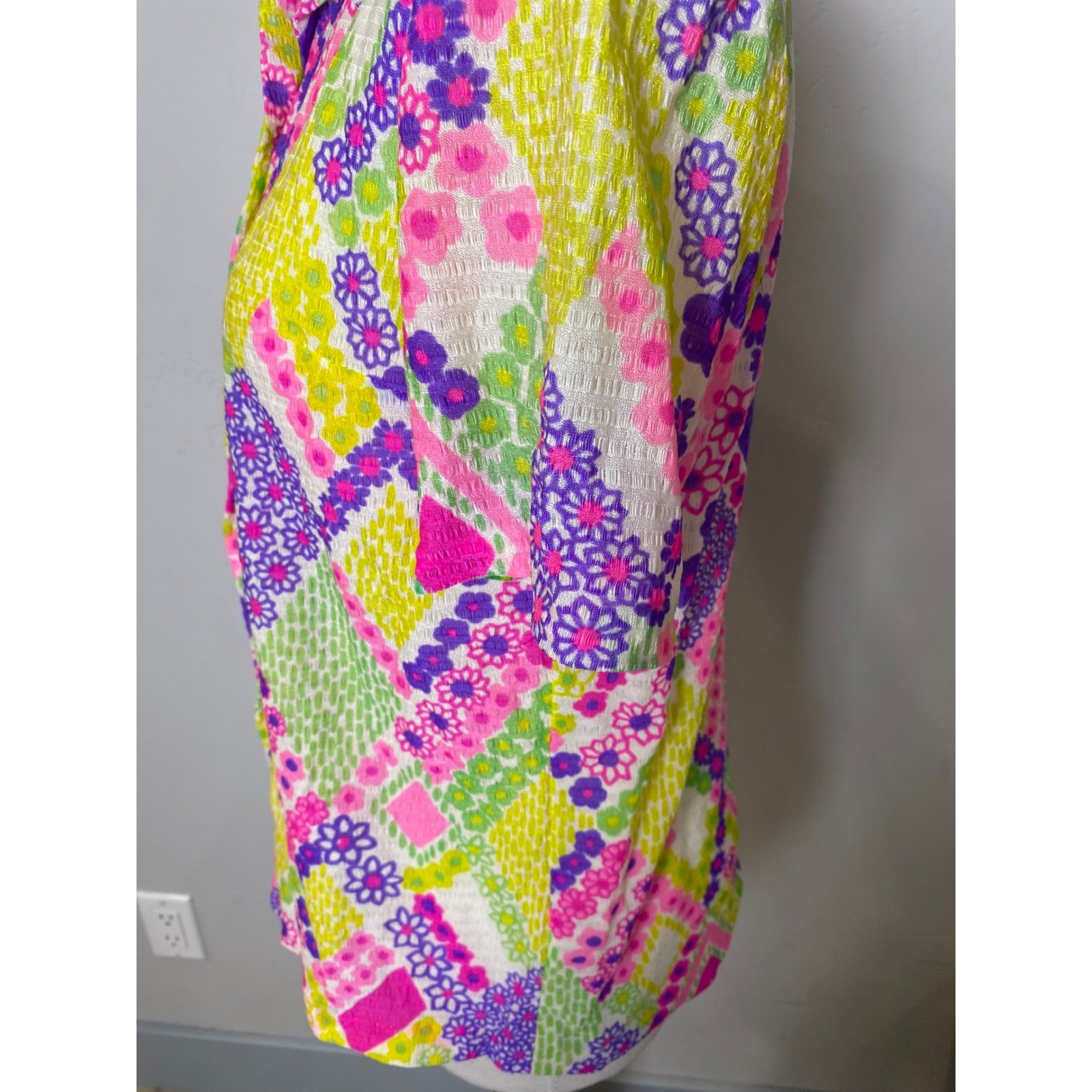 Vintage 60s Psychedelic Floral Geometric Button Up Blouse Pink Purple Green Neon