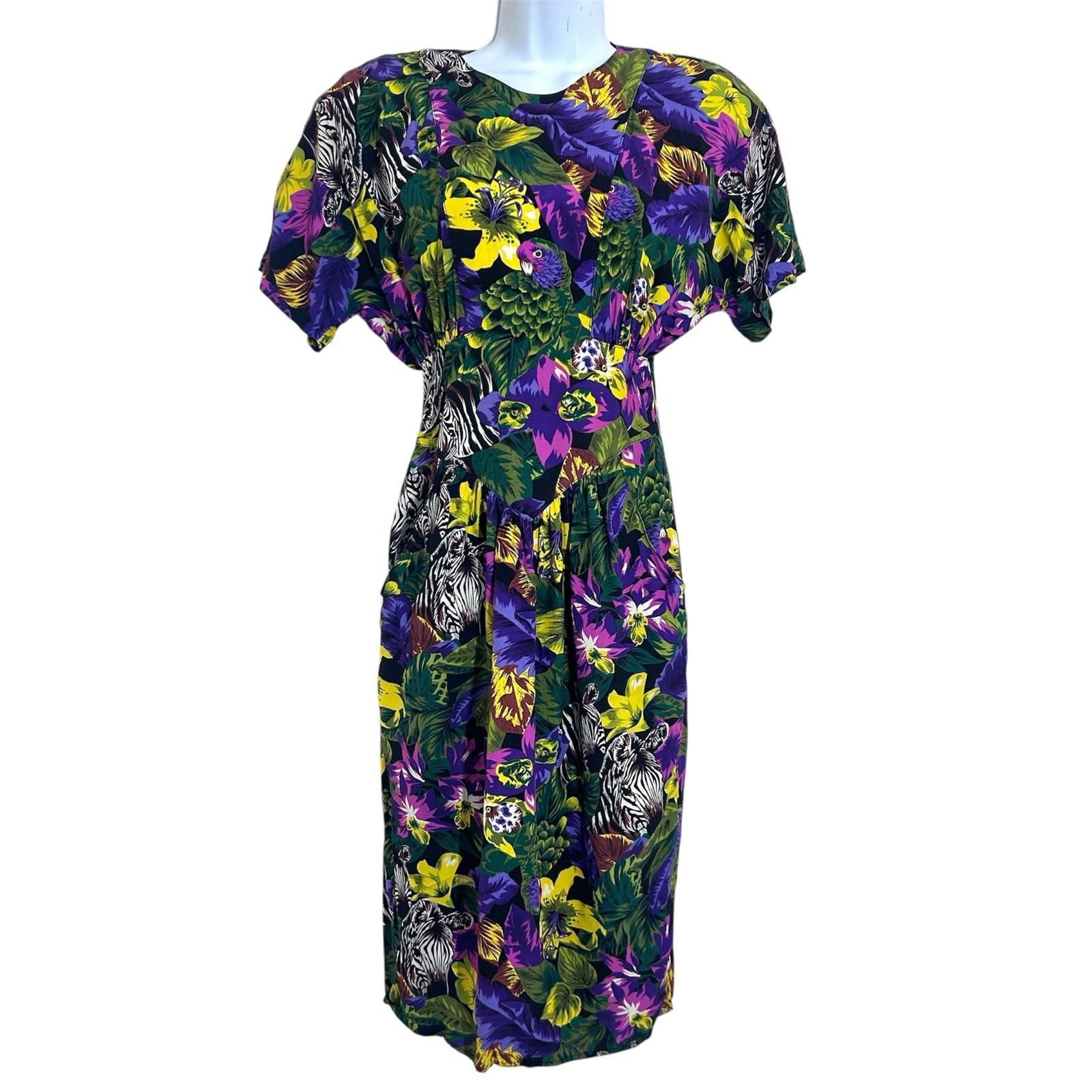 Carol Anderson California Vintage 80/90s Tropical Parrot Zebra Dress Sz 5/6 S
