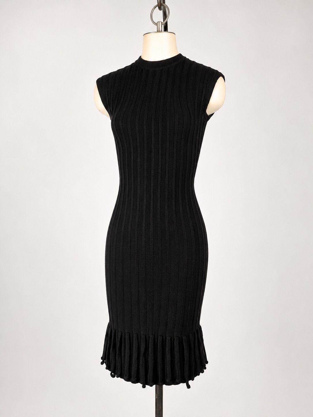 Vintage 1960s Oleg Cassini Black Ribbed Knit Wiggle Dress Sleeveless Designer SM