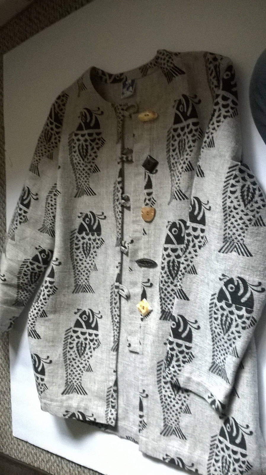 Nepal Cheppu Jacket Size Med Fish Print Made In Nepal Wood Resin buttons 1980s