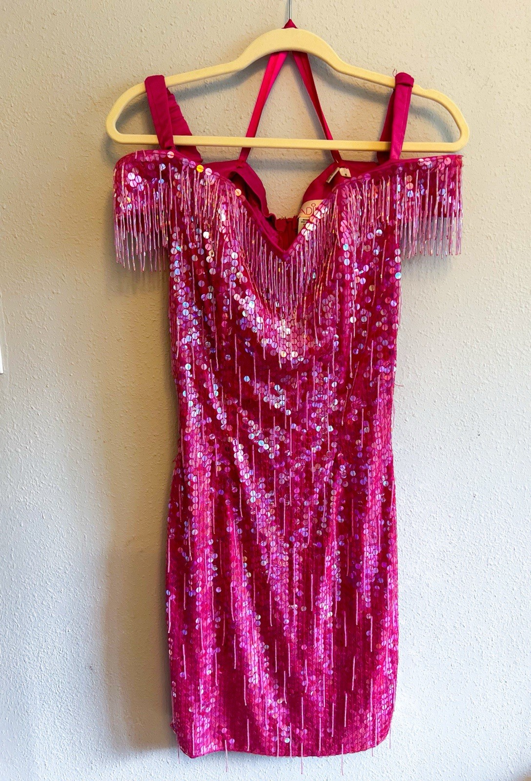 Vintage Nadine Bright Pink Sequins Beaded Fringe Off The Shoulder Dress