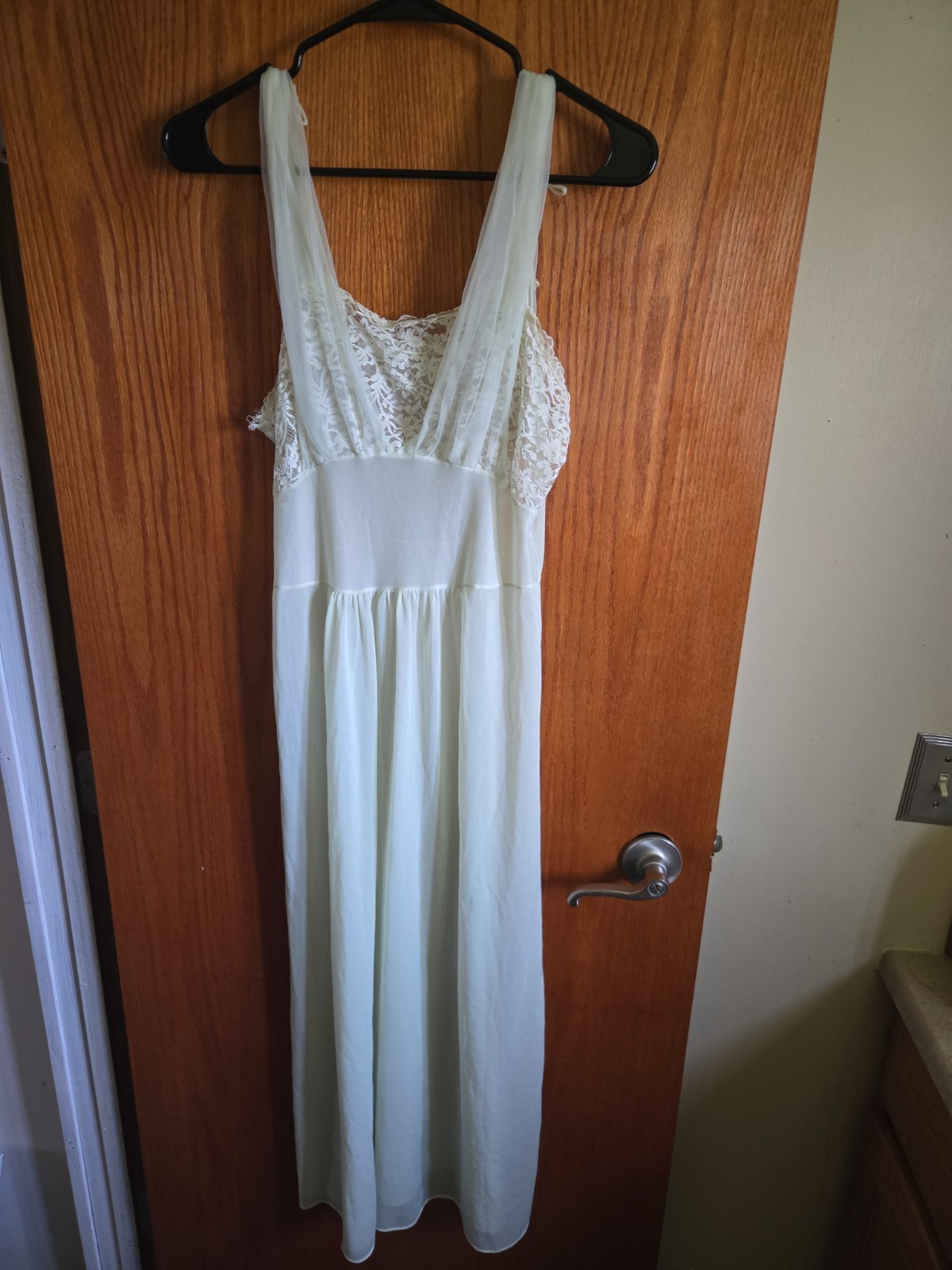 Sz S Vtg Mint Green Chiffon Lace Nightgown 50s 60s Romantic Coquette Cottagecore
