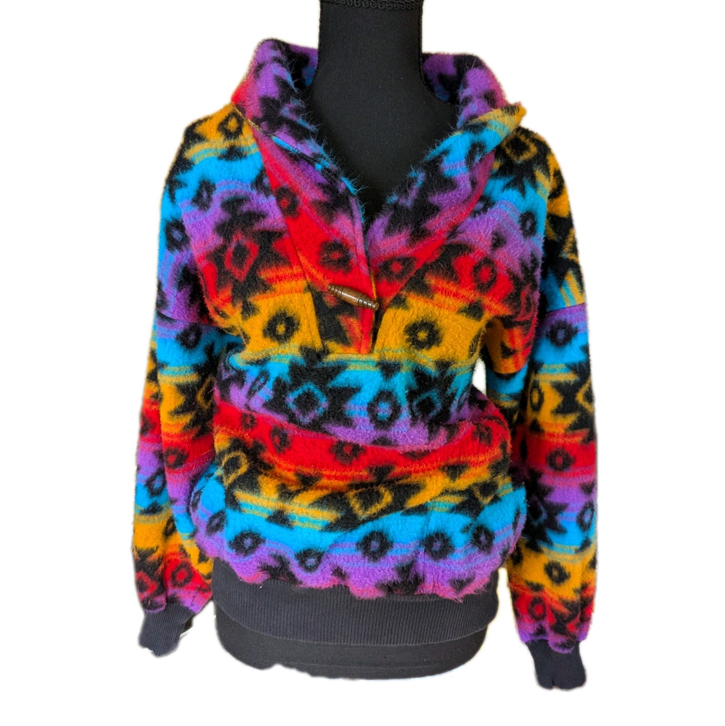 Vintage 90s Rainbow & Black Aztec Fleece Anorak Sweatshirt Women&rsquo;s Size Large