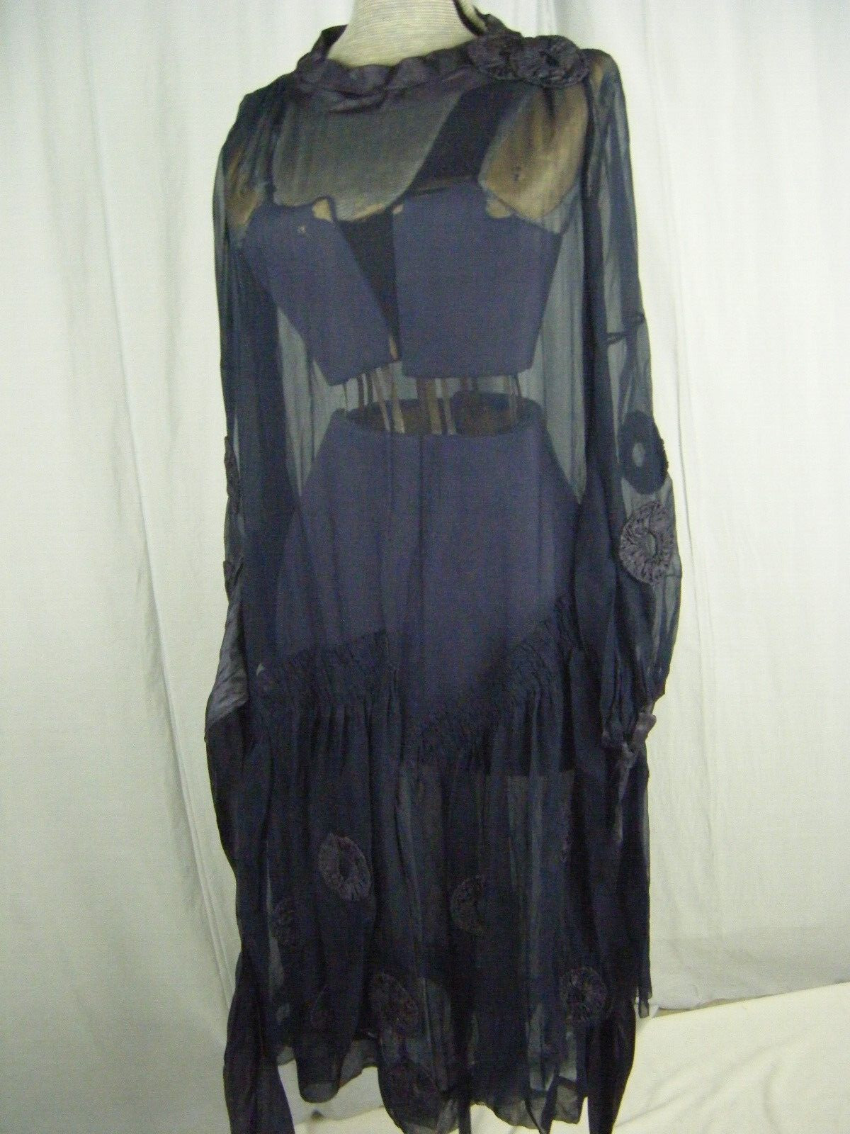 Antique 1927 Navy Blue Chiffon Silk Flapper Dress & note 3 pcs-Bust 38/2XS-XS