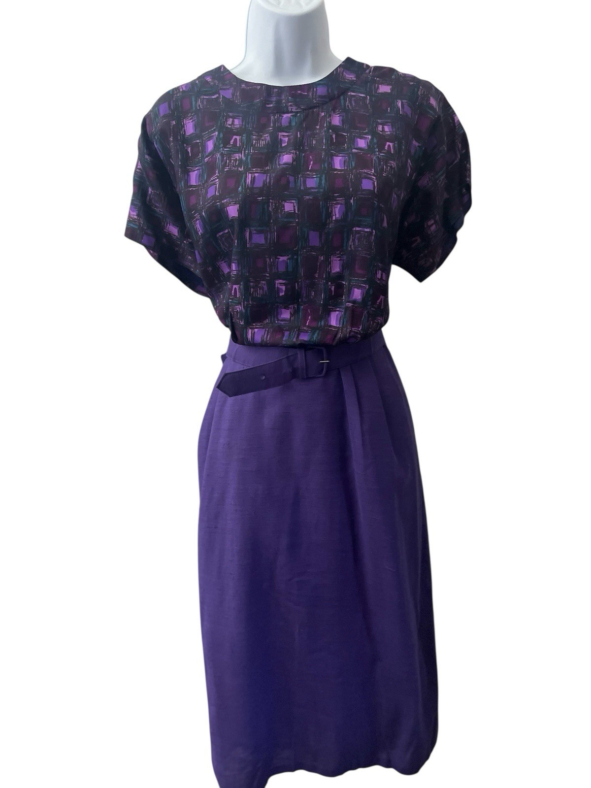 Vtg 50s Atomic Print Dress L Purple Cap Sleeve Silk Solid Skirt Belt Pencil Rare