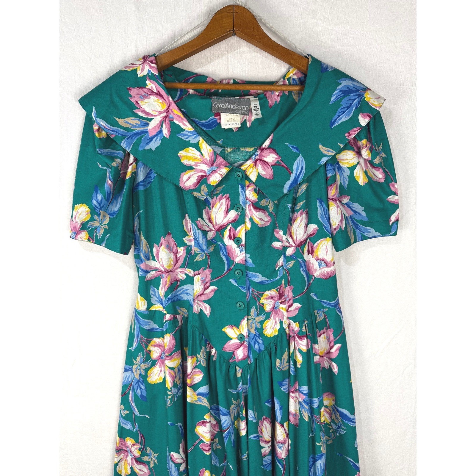 Carol Anderson California Vintage 90s Teal Green Floral Cotton Cottagecore Dress