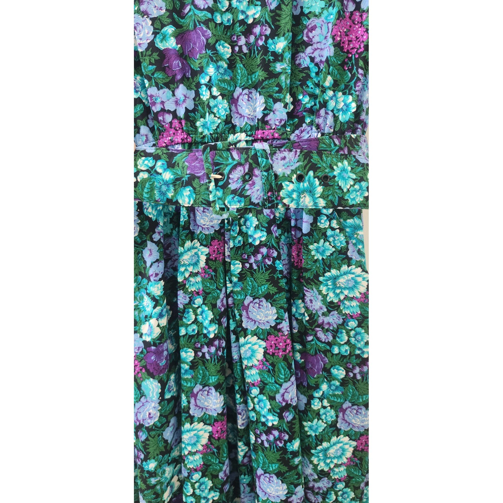 Michelle Stuart Vintage Floral Midi Dress Teal Purple Rayon Belted Size 8 USA