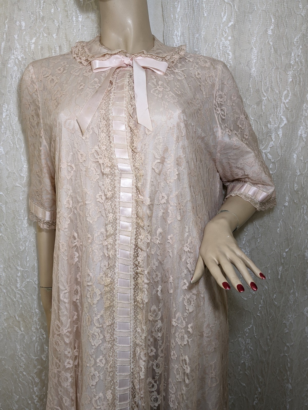 Vintage Odette Barsa Lined Pink Lace Overlay Lingerie Long Dressing Gown Robe L